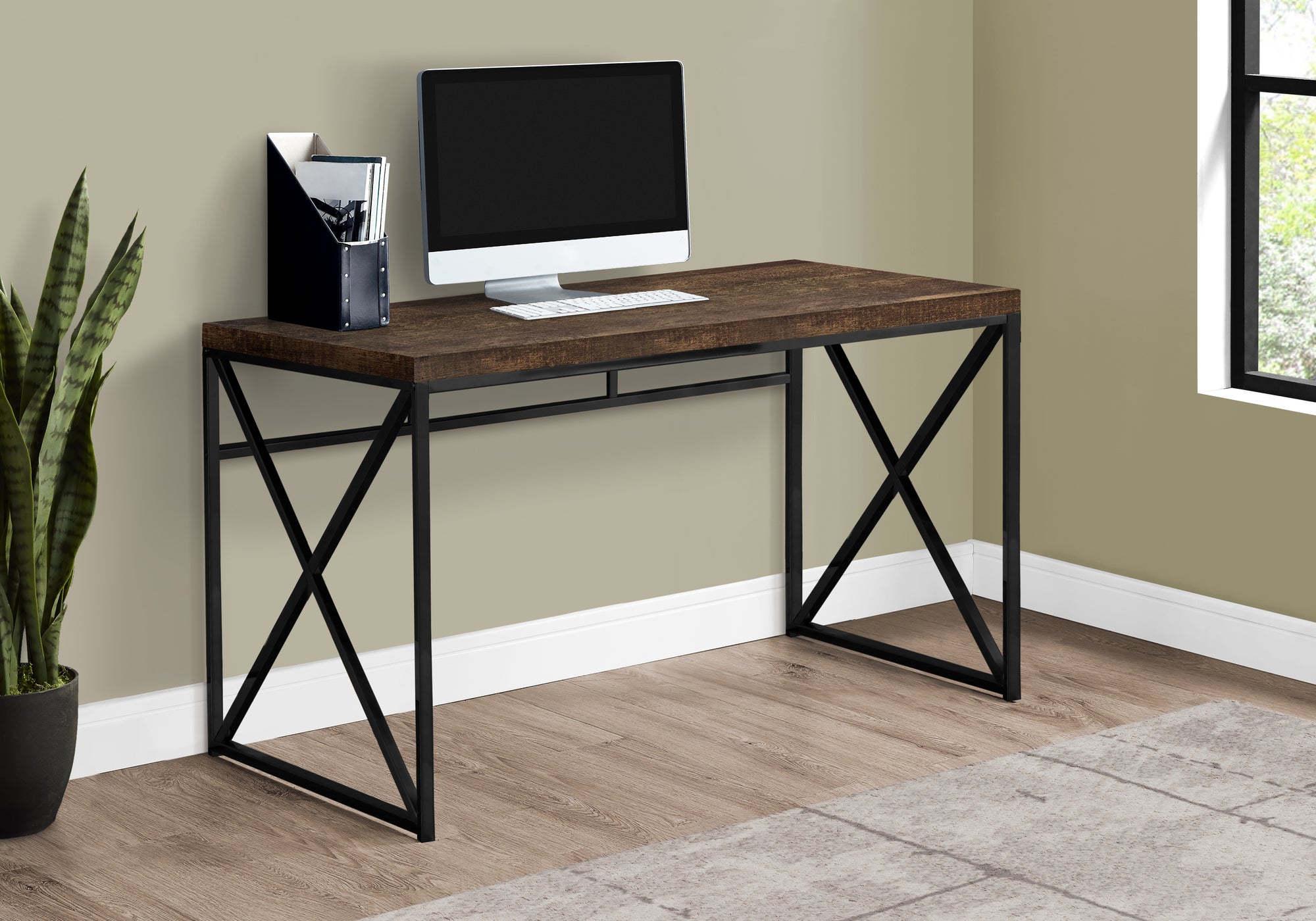 MN-187450    Computer Desk, Home Office, Laptop, Storage Drawers, Metal, Laminate, Brown Reclaimed Wood Look, Black, Contemporary, Modern