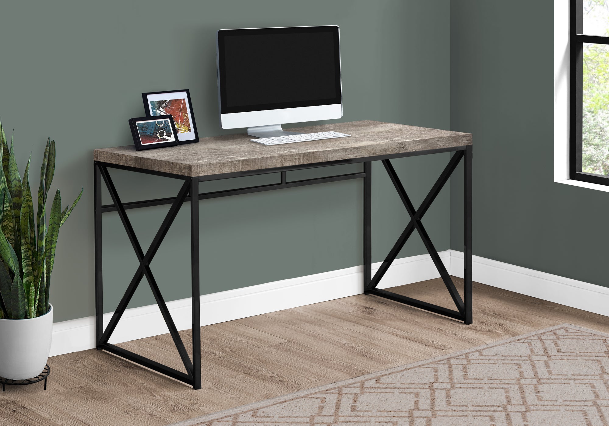 MN-207452    Computer Desk, Home Office, Laptop, Storage Drawers, Metal, Laminate, Taupe Reclaimed Wood Look, Black, Contemporary, Modern
