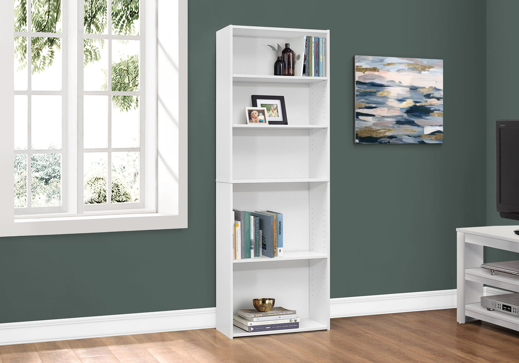MN-317470    Bookshelf, Bookcase, 6 Tier, 72"H, Office, Bedroom, Laminate, White, Contemporary, Modern, Transitional