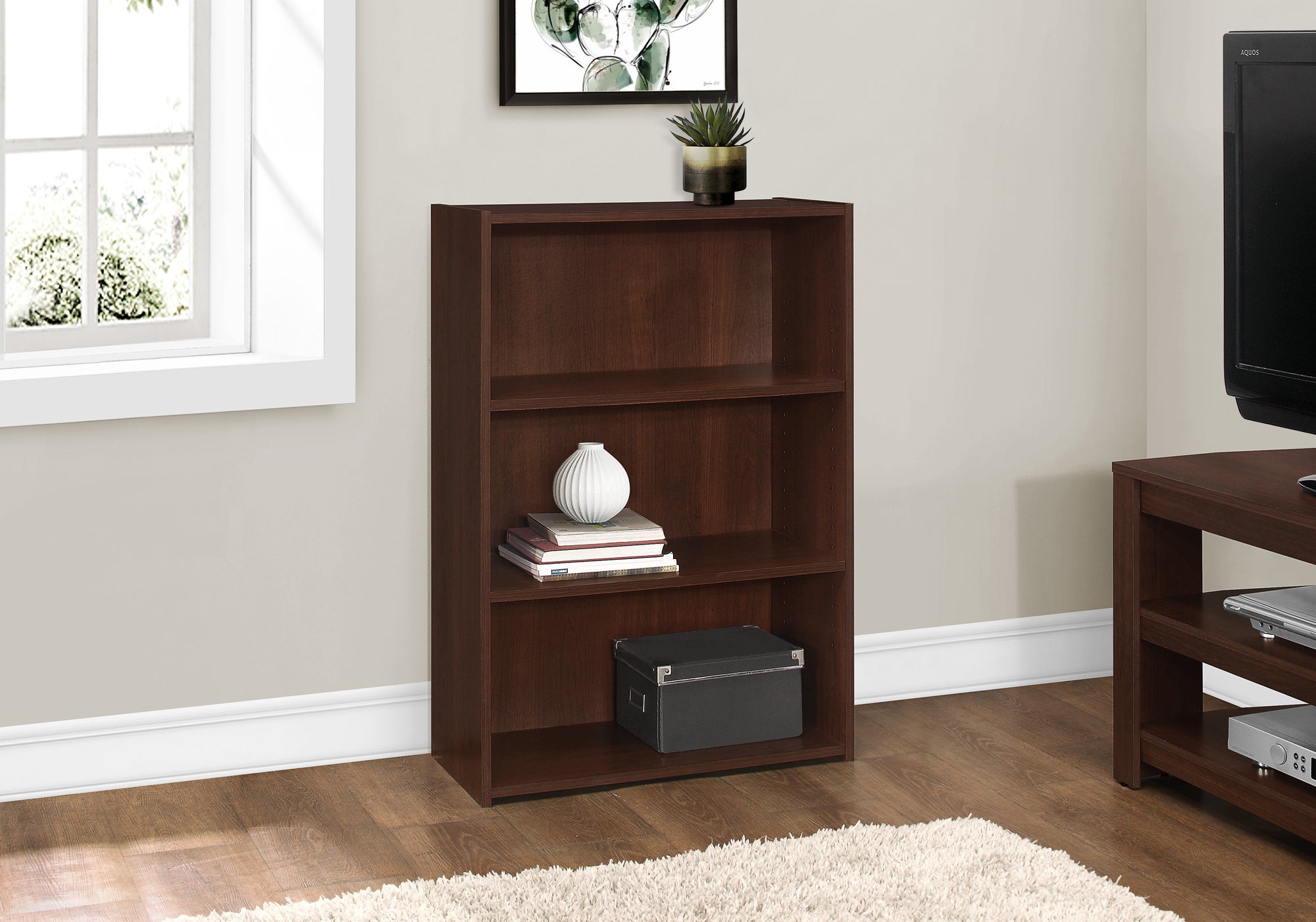 MN-327475    Bookshelf, Bookcase, 4 Tier, 36"H, Office, Bedroom, Laminate, Cherry, Contemporary, Modern, Transitional