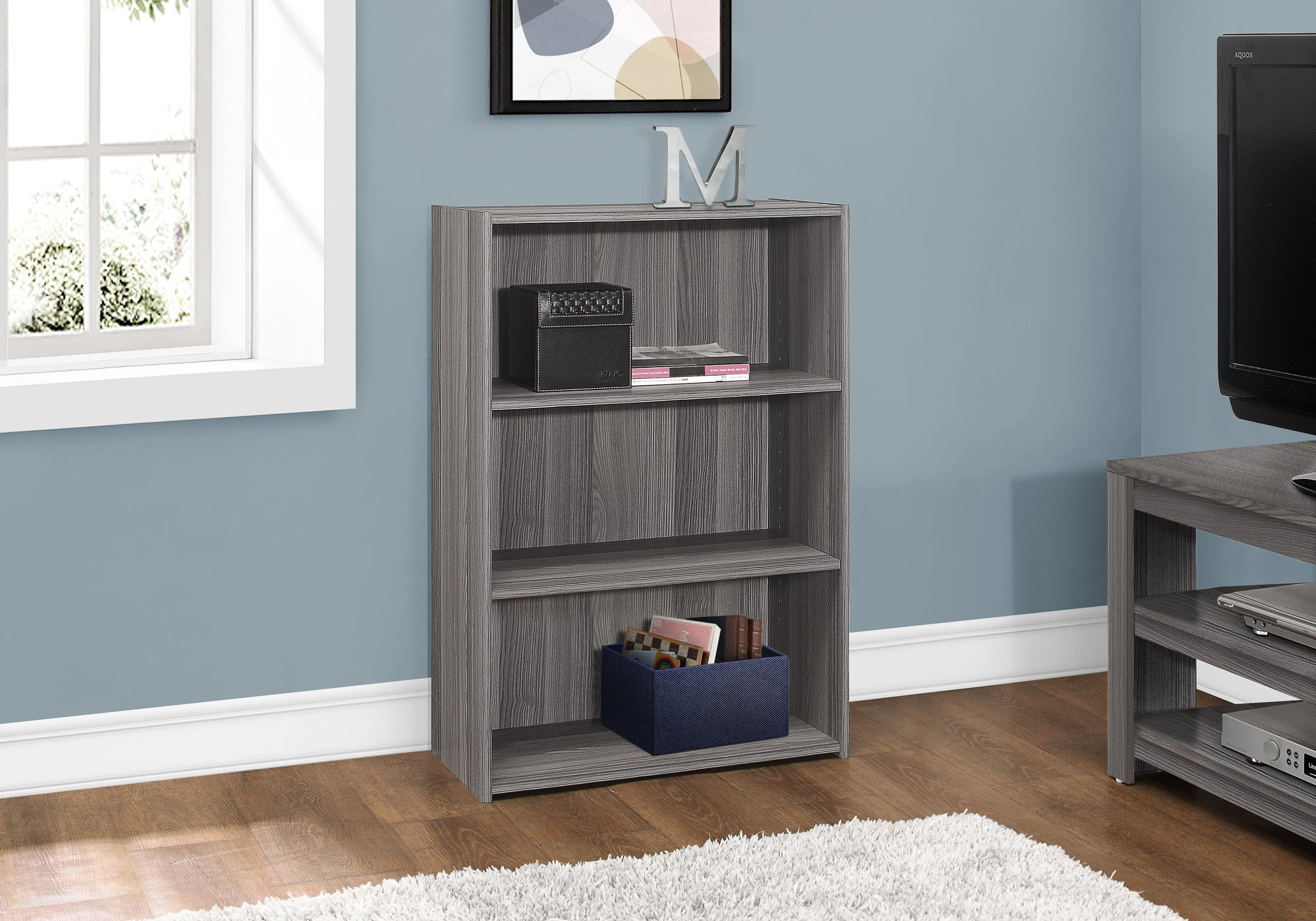 MN-357478    Bookshelf, Bookcase, 4 Tier, 36"H, Office, Bedroom, Laminate, Grey, Contemporary, Modern, Transitional