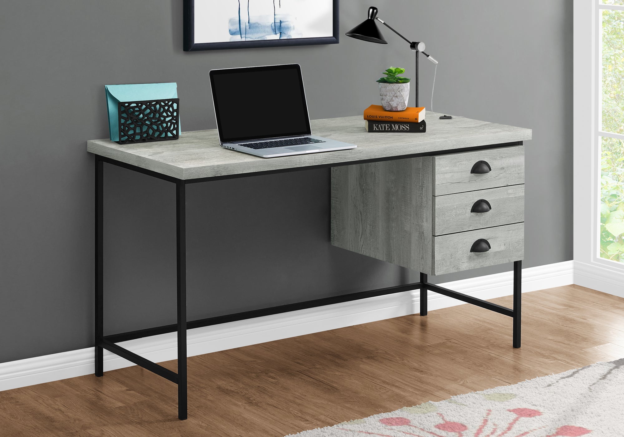 MN-387486    Computer Desk, Home Office, Laptop, Storage Drawers, 55"L, Metal, Laminate, Grey Reclaimed Wood Look, Black, Contemporary, Modern