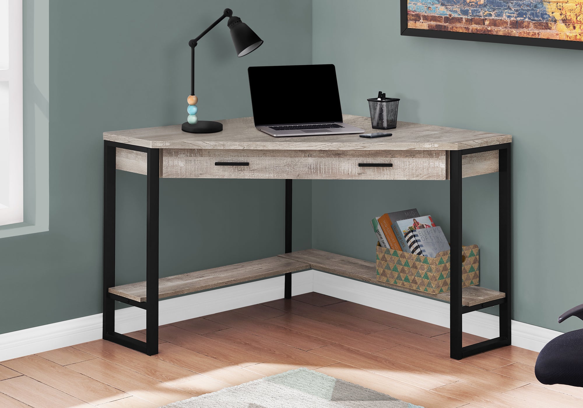 MN-527506    Computer Desk, Home Office, Corner, Storage Drawers, 42"L, L Shape, Metal, Laminate, Taupe Reclaimed Wood Look, Black, Contemporary, Modern