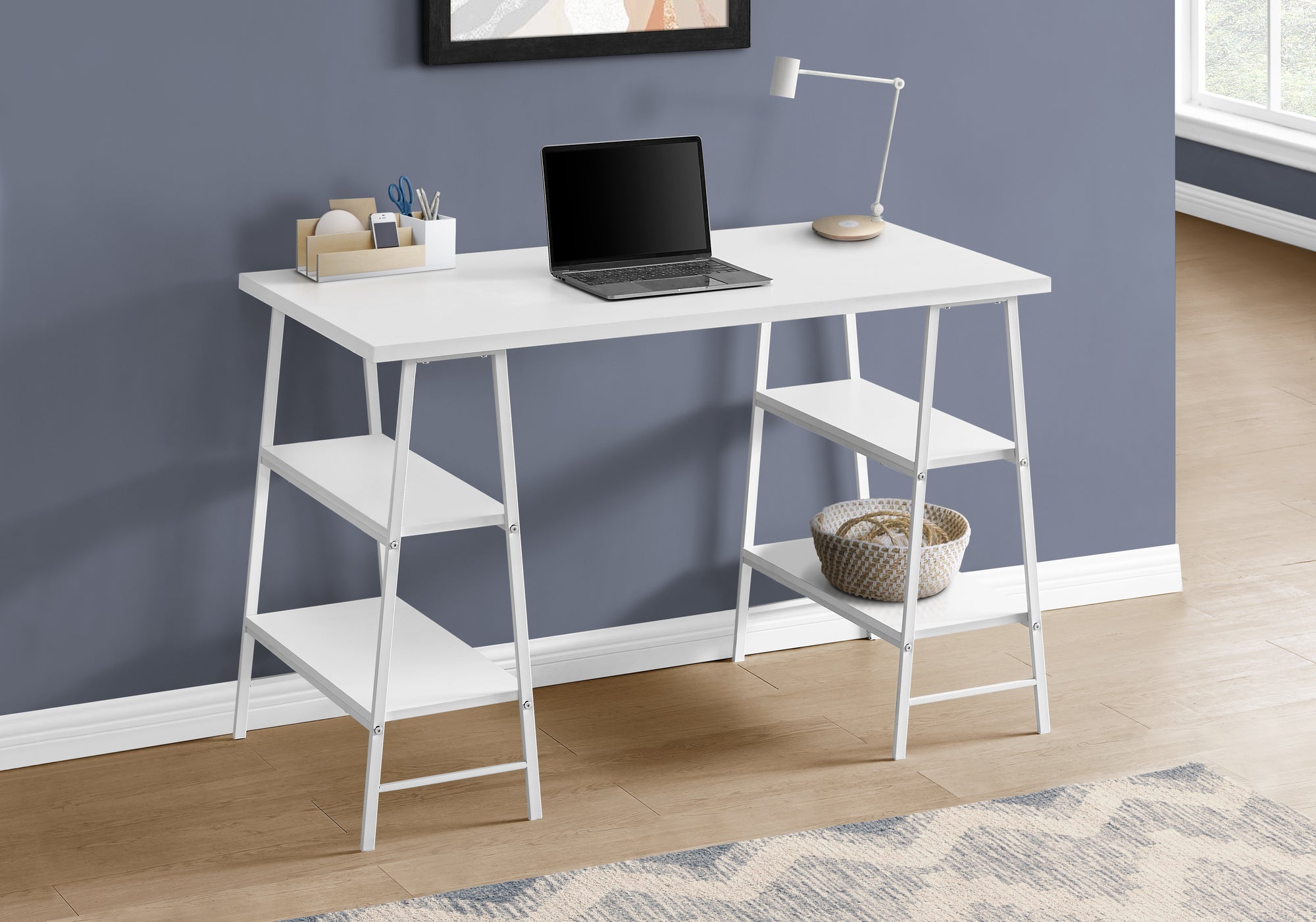 MN-557521    Computer Desk, Home Office, Laptop, Storage Shelves, 48"L, Metal, Laminate, White, Contemporary, Industrial, Modern