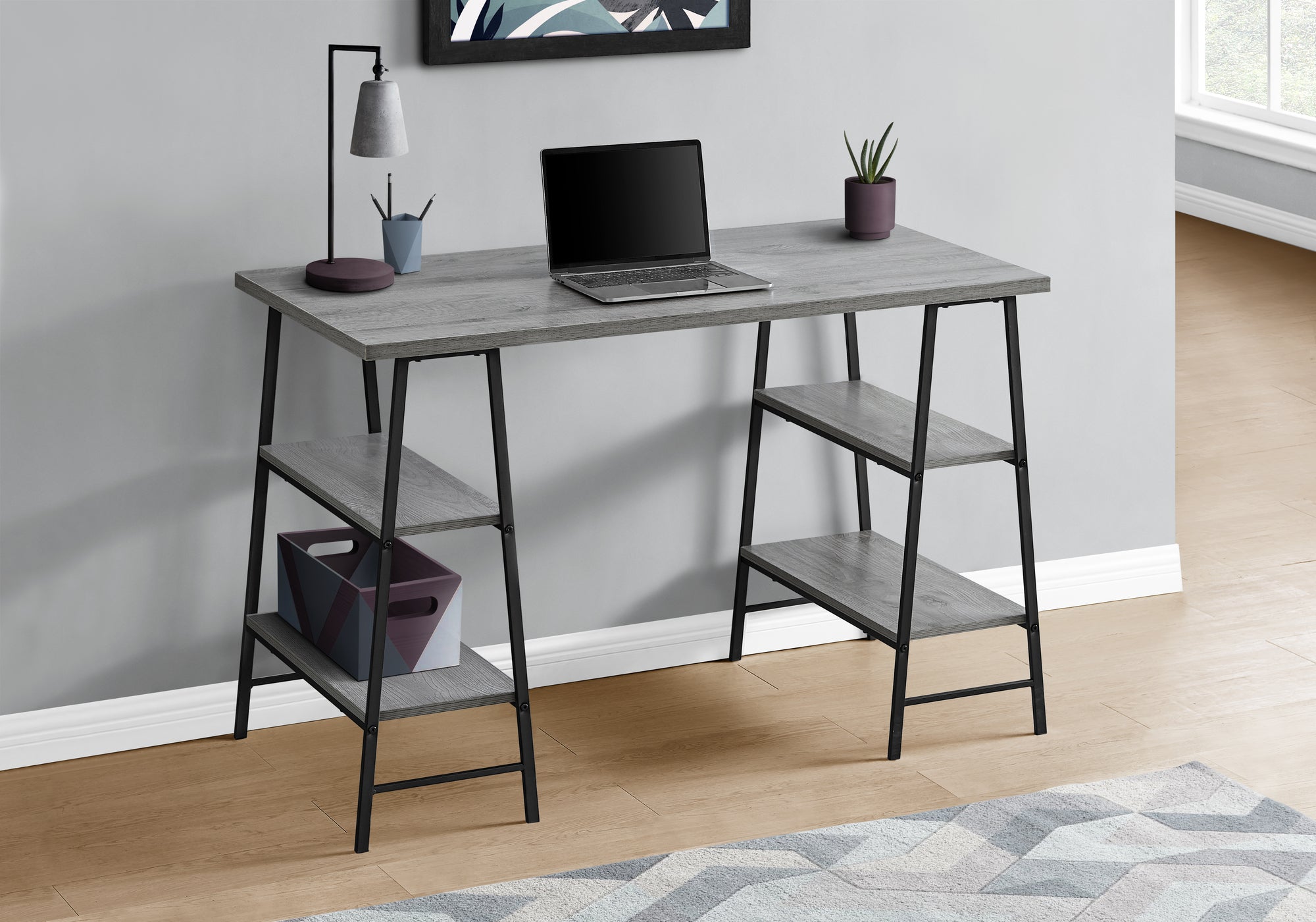 MN-587524    Computer Desk, Home Office, Laptop, Storage Shelves, 48"L, Metal, Laminate, Grey, Black, Contemporary, Industrial, Modern