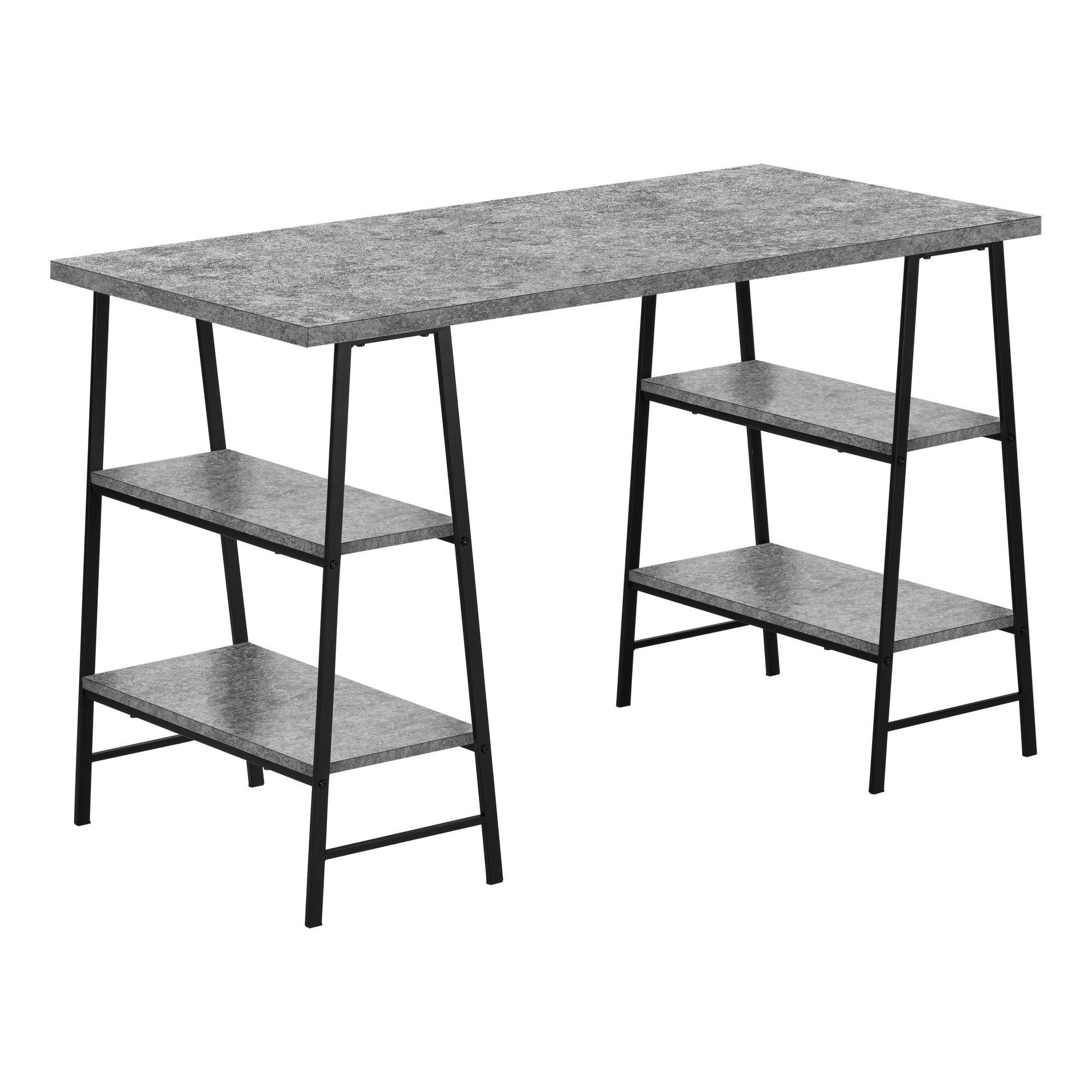 MN-607526    Computer Desk, Home Office, Laptop, Storage Shelves, 48"L, Metal, Laminate, Grey Stone Look, Black, Contemporary, Industrial, Modern