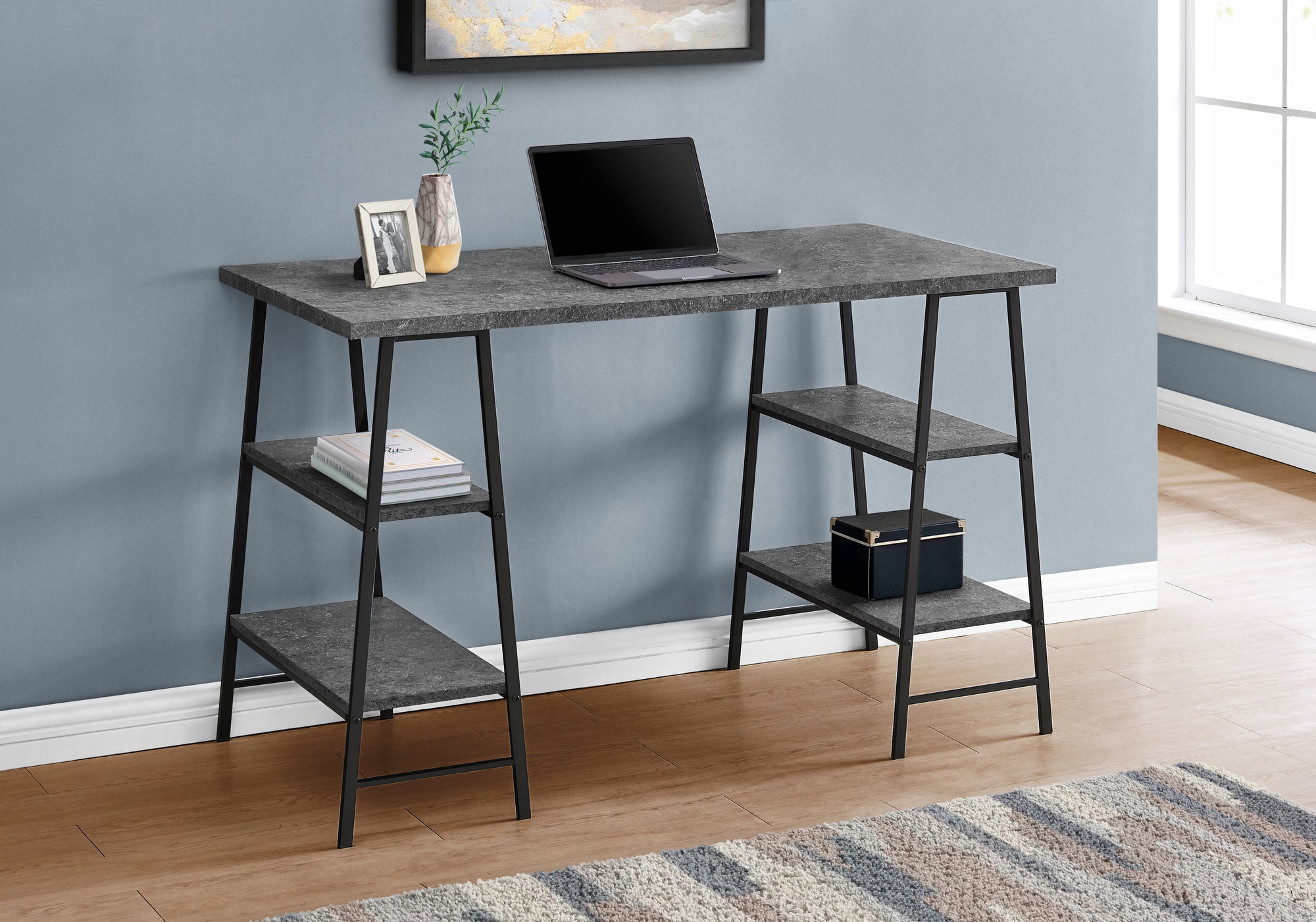 MN-607526    Computer Desk, Home Office, Laptop, Storage Shelves, 48"L, Metal, Laminate, Grey Stone Look, Black, Contemporary, Industrial, Modern