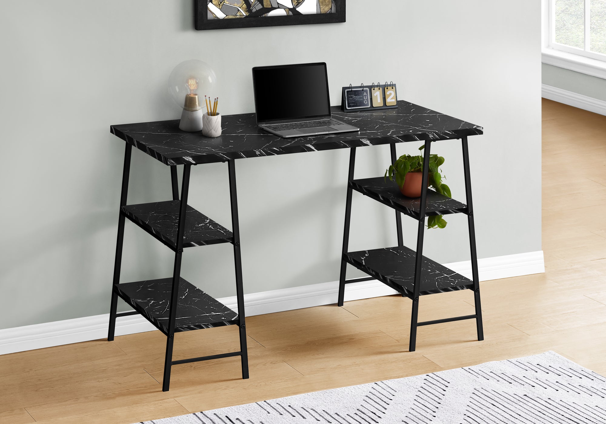 MN-627528    Computer Desk, Home Office, Laptop, Storage Shelves, 48"L, Metal, Laminate, Black Marble-Look, Contemporary, Glam, Industrial, Modern