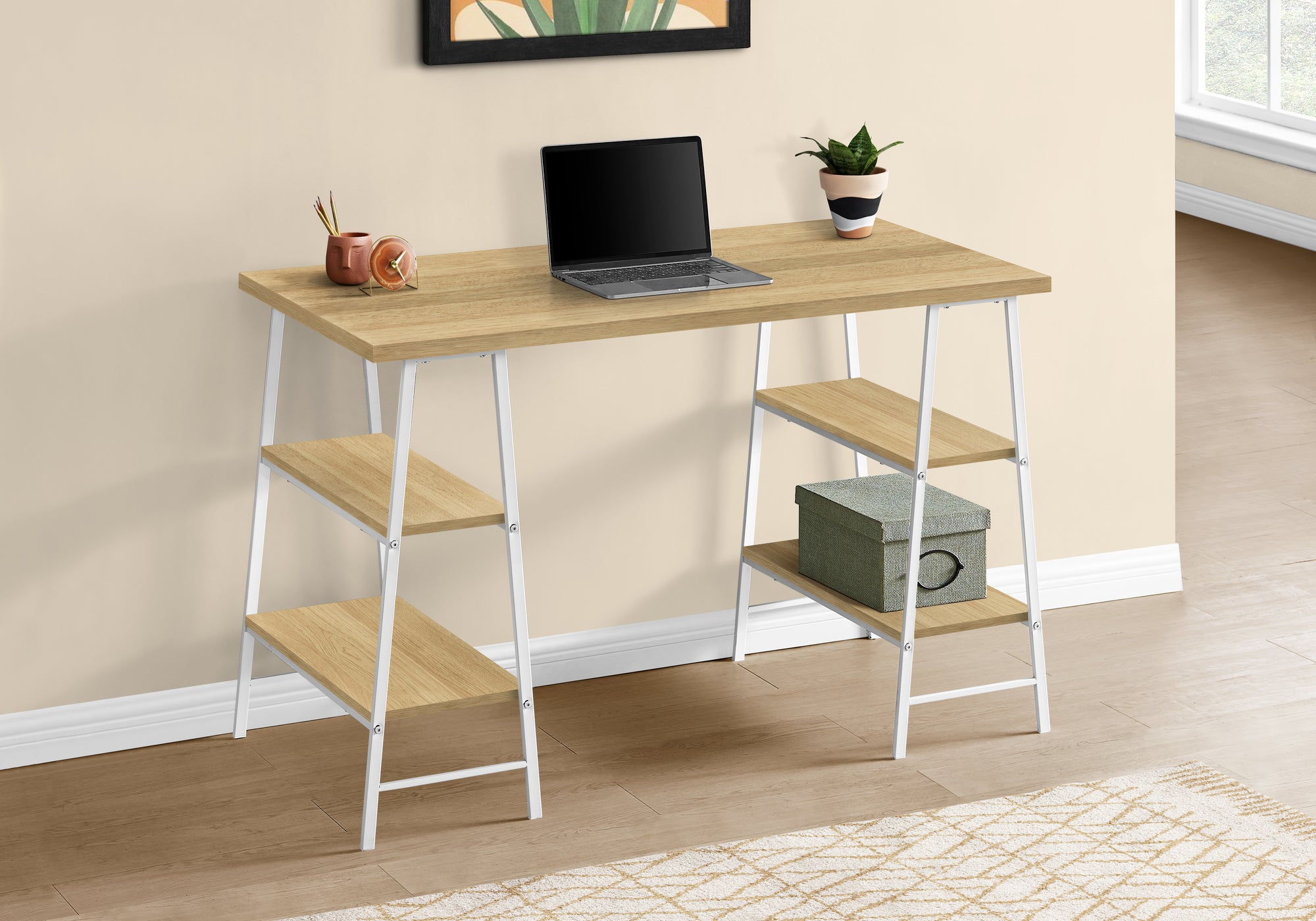 MN-637529    Computer Desk, Home Office, Laptop, Storage Shelves, 48"L, Metal, Laminate, Natural, White, Contemporary, Industrial, Modern