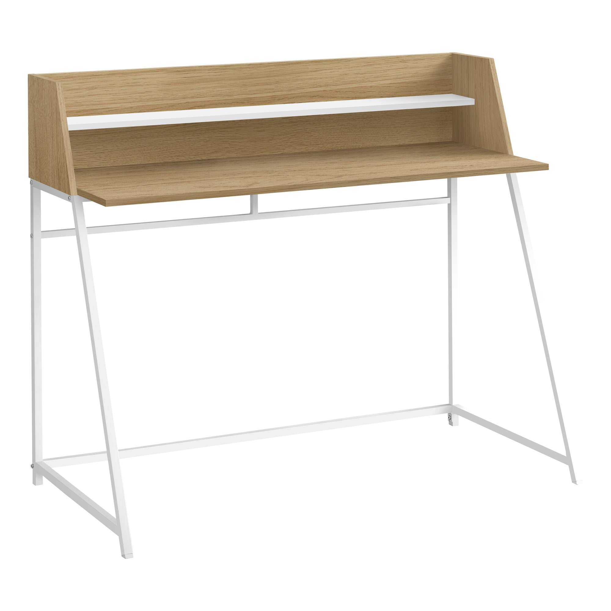 MN-747543    Computer Desk - Small Hutch / 1 Shelf / Trapezoid-Shaped Legs - 48"L - Natural Wood-Look / White