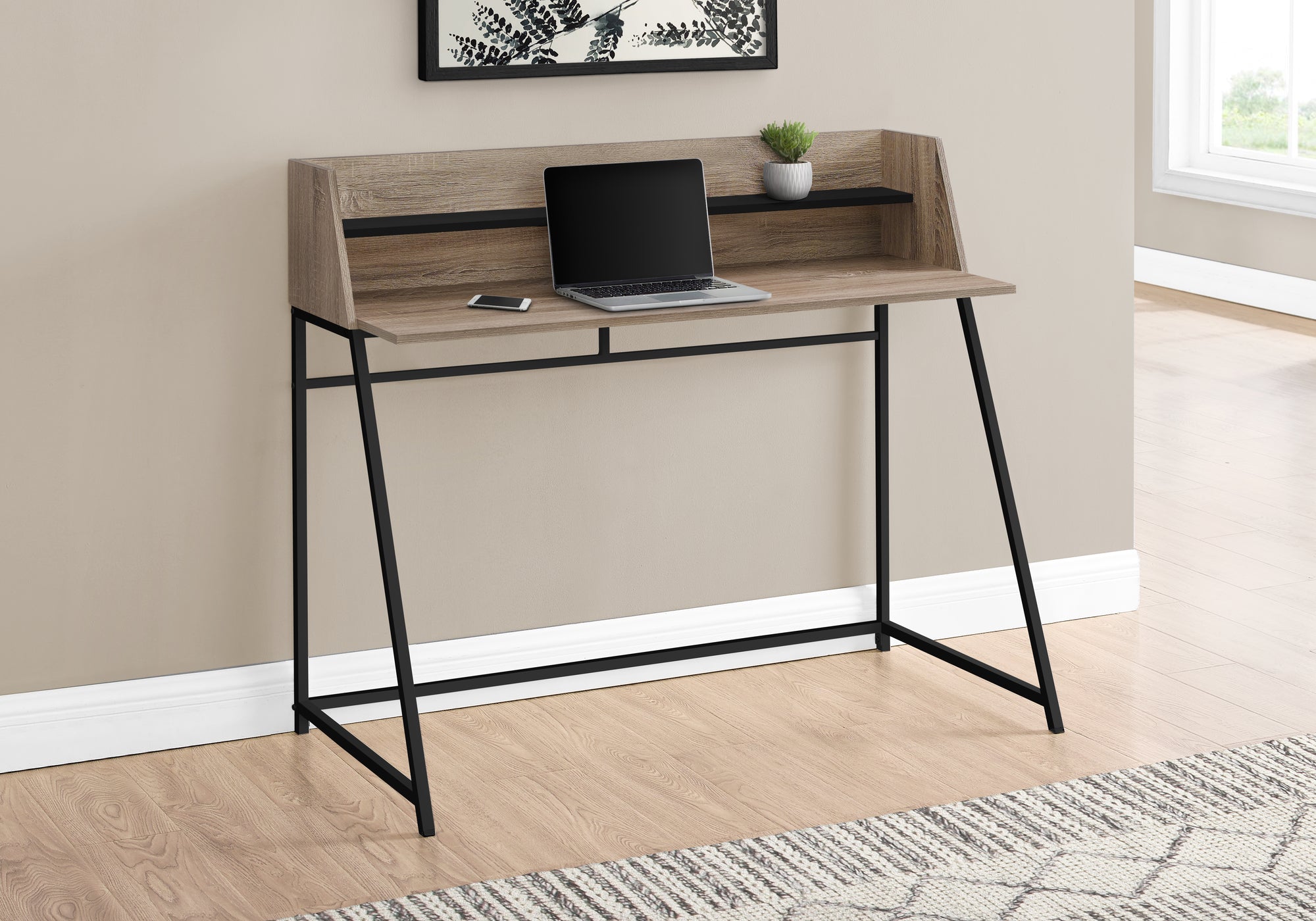 MN-777546    Computer Desk - Small Hutch / 1 Shelf / Trapezoid-Shaped Legs - 48"L - Dark Taupe Wood-Look / Black