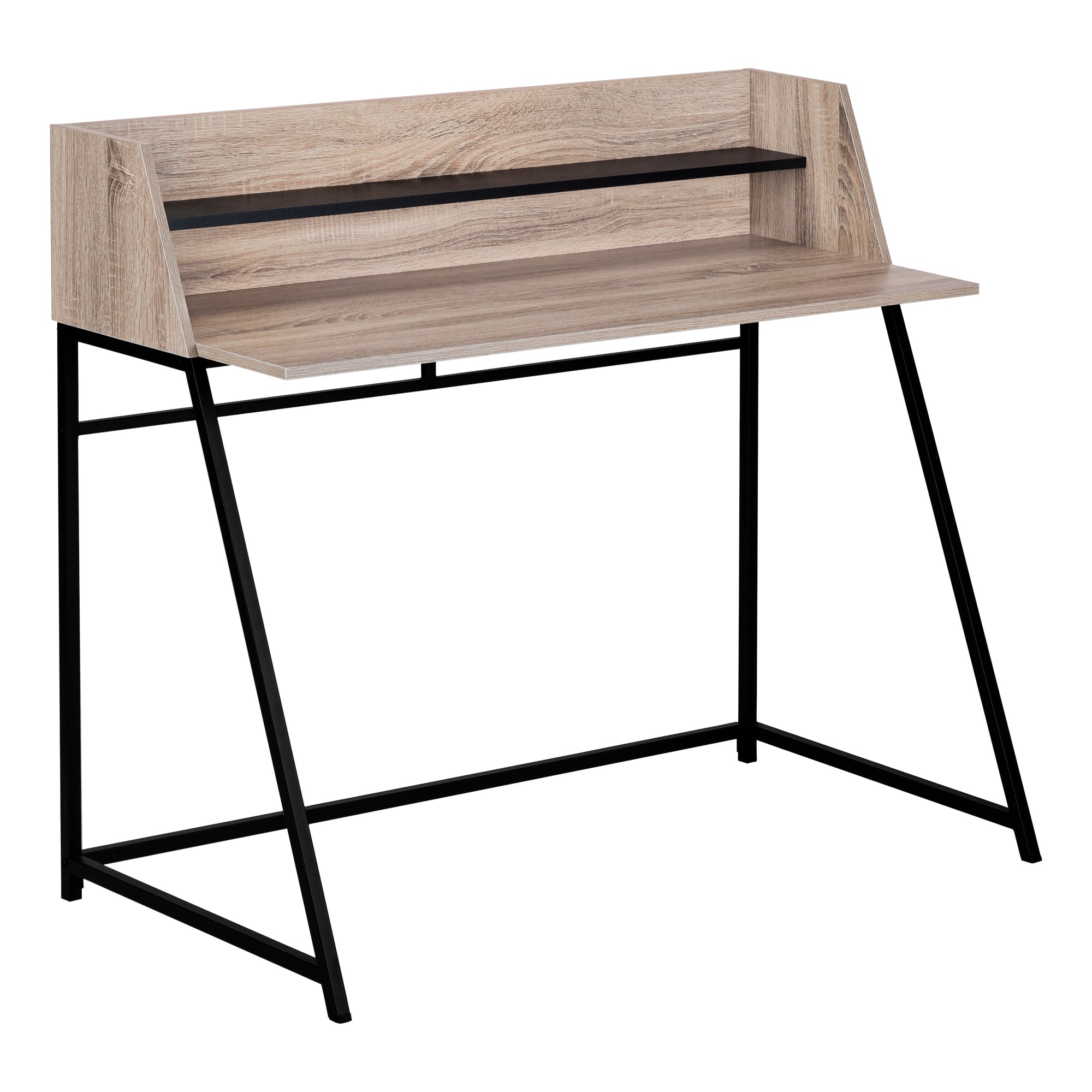 MN-777546    Computer Desk - Small Hutch / 1 Shelf / Trapezoid-Shaped Legs - 48"L - Dark Taupe Wood-Look / Black