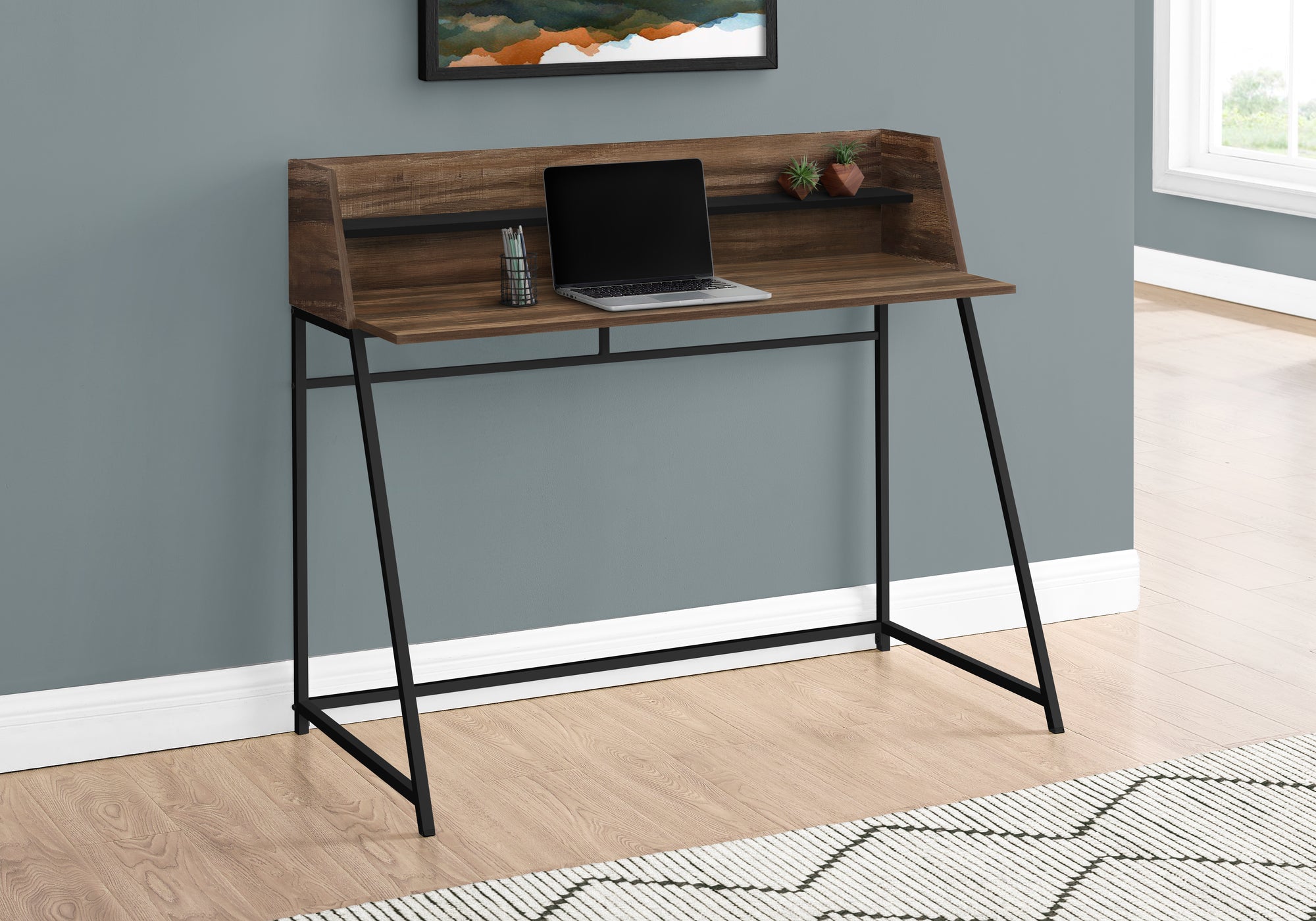 MN-797548    Computer Desk - Small Hutch / 1 Shelf / Trapezoid-Shaped Legs - 48"L - Brown Reclaimed Wood-Look / Black