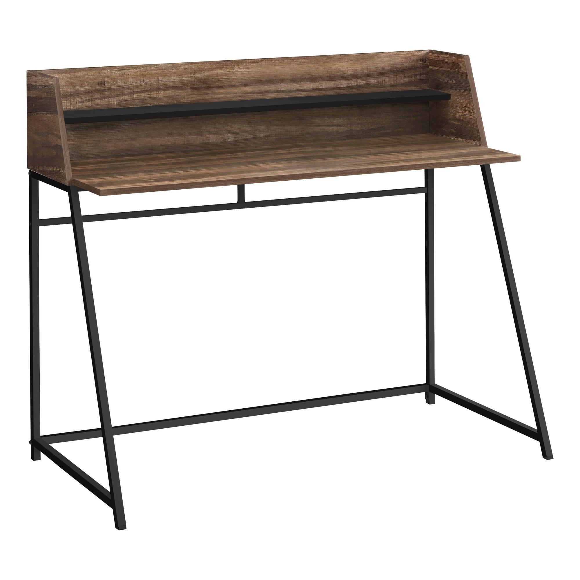 MN-797548    Computer Desk - Small Hutch / 1 Shelf / Trapezoid-Shaped Legs - 48"L - Brown Reclaimed Wood-Look / Black