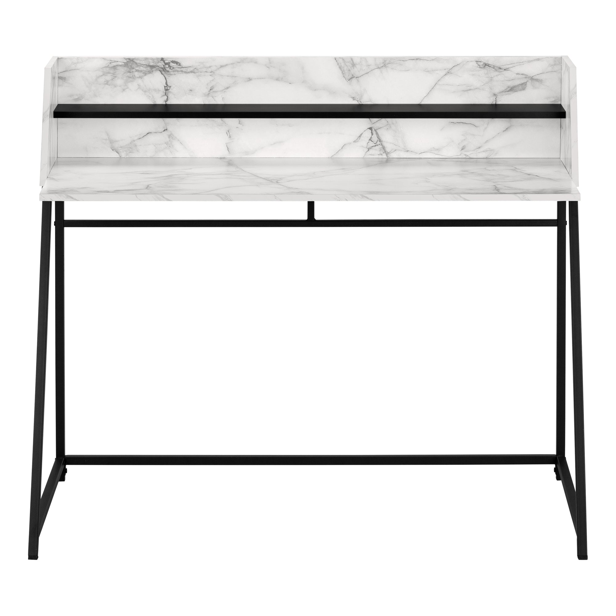 MN-807549    Computer Desk - Small Hutch / 1 Shelf / Trapezoid-Shaped Legs - 48"L - White Marble-Look / Black