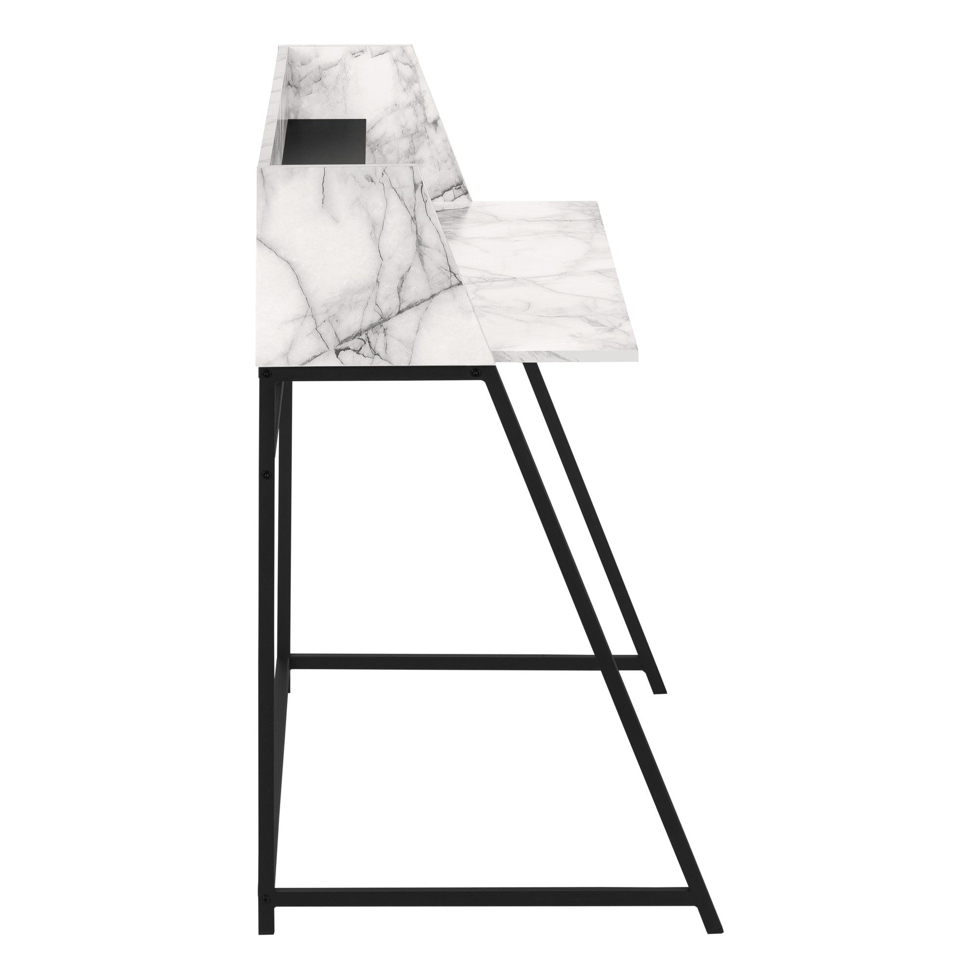 MN-807549    Computer Desk - Small Hutch / 1 Shelf / Trapezoid-Shaped Legs - 48"L - White Marble-Look / Black