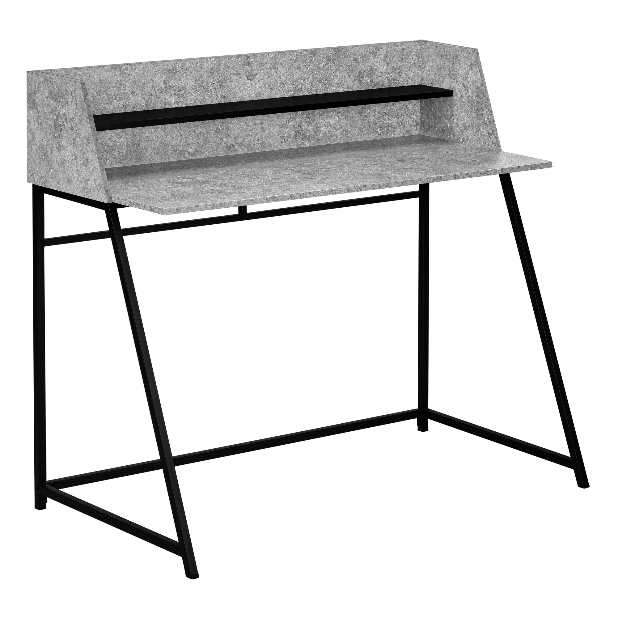 MN-817550    Computer Desk - Small Hutch / 1 Shelf / Trapezoid-Shaped Legs - 48"L - Grey Stone-Look / Black