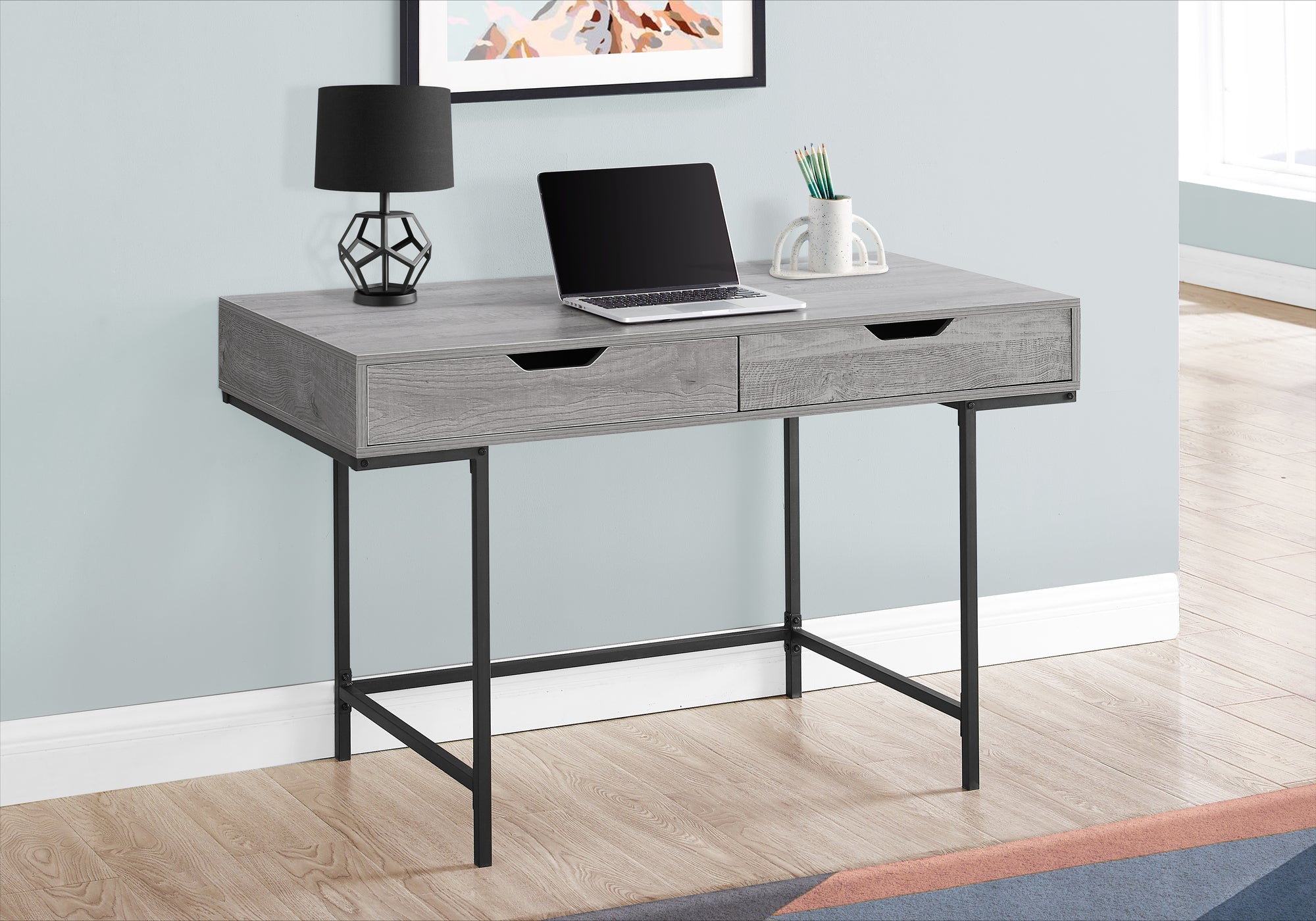 MN-847553    Computer Desk, Home Office, Laptop, Storage Drawers, 48"L, Metal Legs, Laminate, Grey, Black, Contemporary, Modern