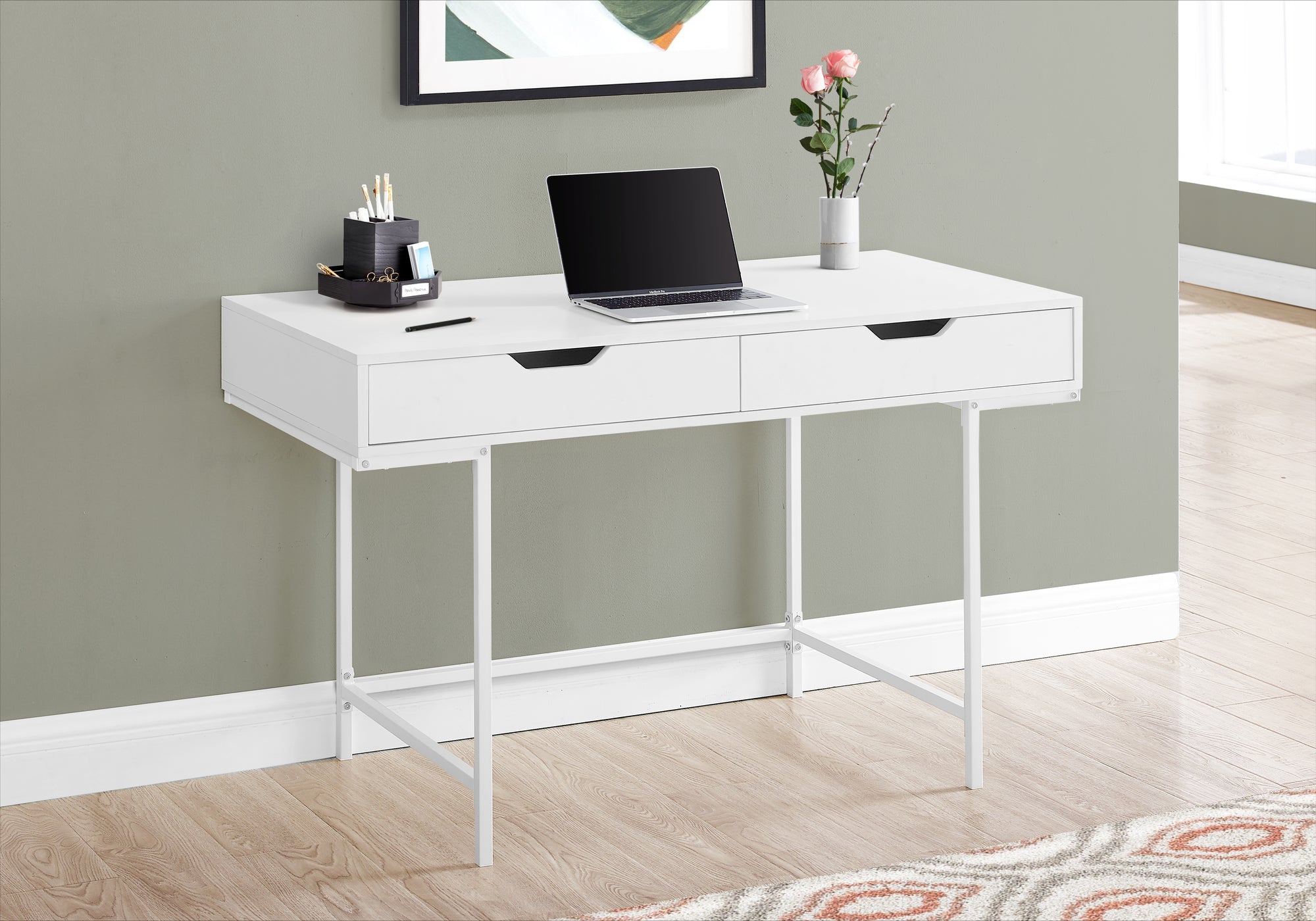 MN-857554    Computer Desk - 2 Storage Drawers / Recessed Metal Legs - 48"L - White / White