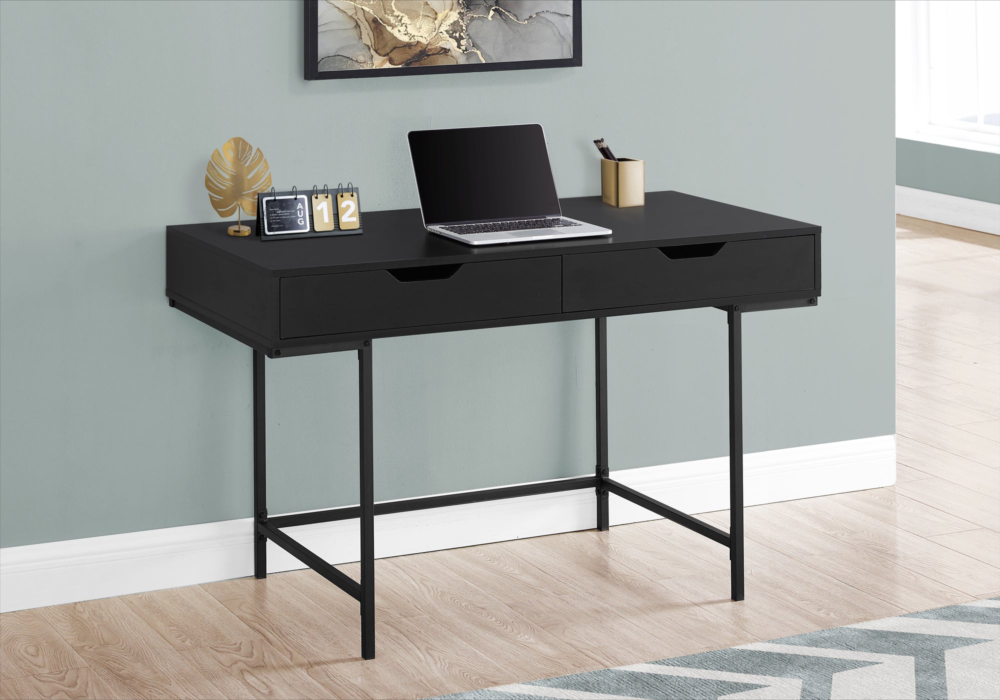 MN-877556    Computer Desk - 2 Storage Drawers / Recessed Metal Legs - 48"L - Black / Black