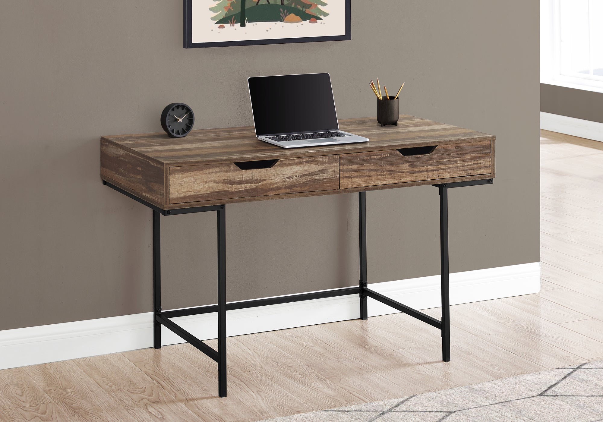 MN-887557    Computer Desk - 2 Storage Drawers / Recessed Metal Legs - 48"L - Brown Reclaimed Wood-Look / Black