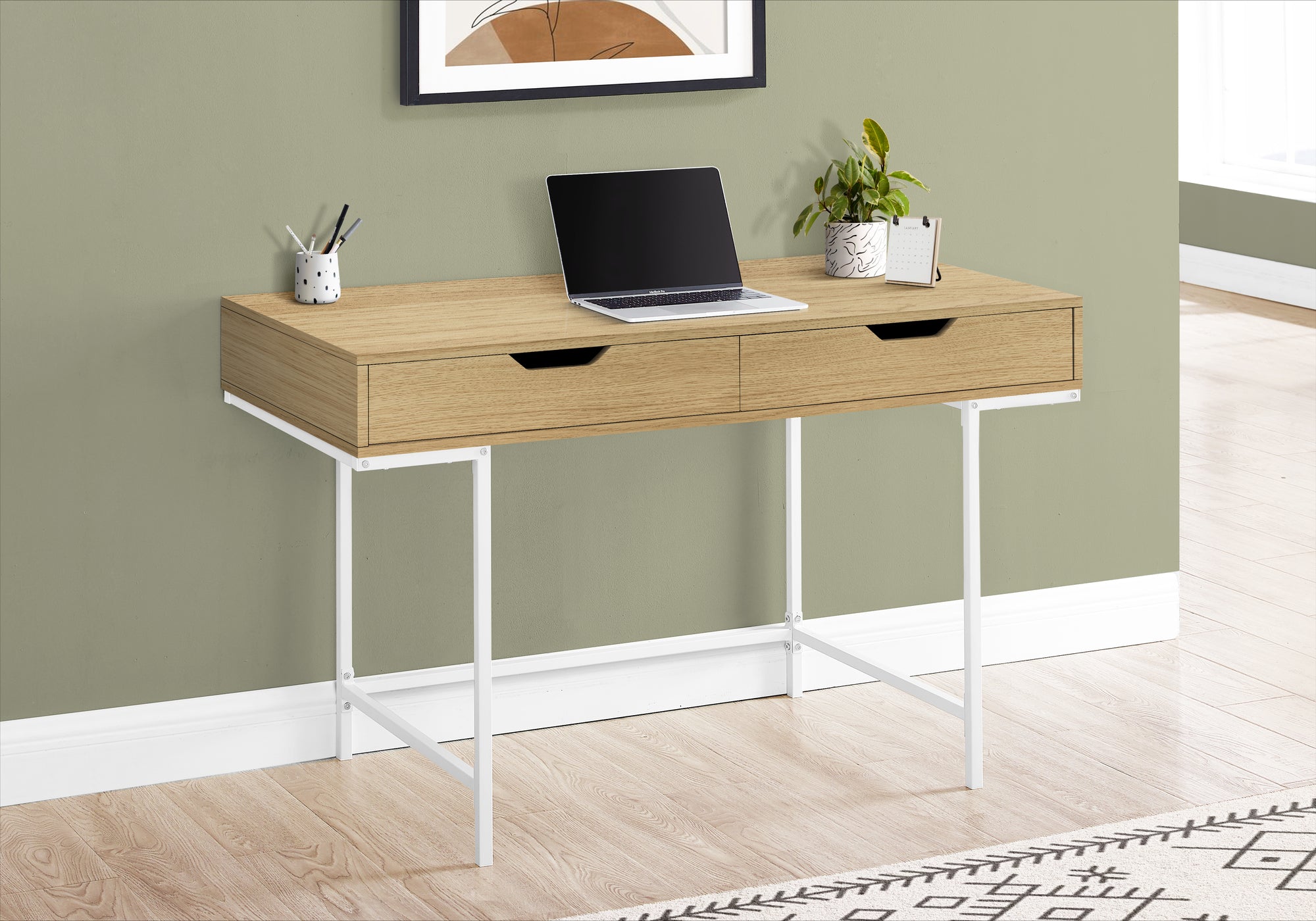 MN-917569    Computer Desk - 2 Storage Drawers / Recessed Metal Legs - 48"L - Natural Wood-Look / White