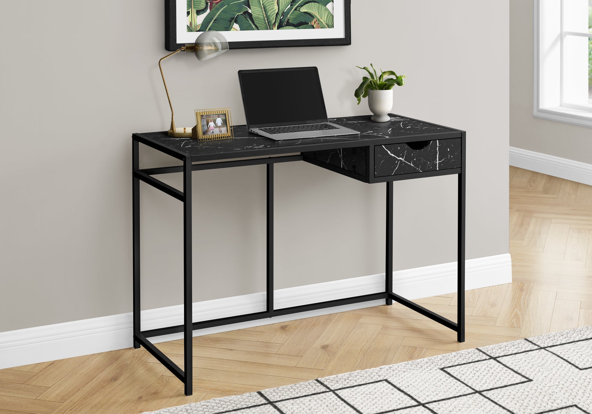 MN-947572    Computer Desk, Home Office, Laptop, Storage Drawers, 42"L, Metal, Laminate, Black Marble-Look, Contemporary, Industrial, Modern