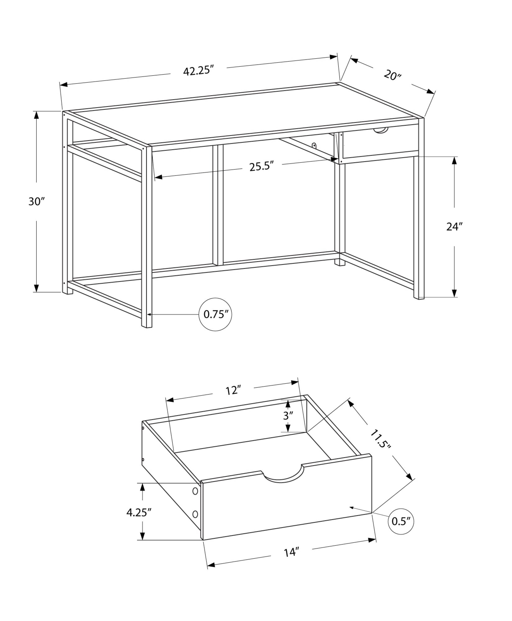 MN-977575    Computer Desk, Home Office, Laptop, Storage Drawers, 42"L, Metal, Laminate, Natural, White, Contemporary, Industrial, Modern