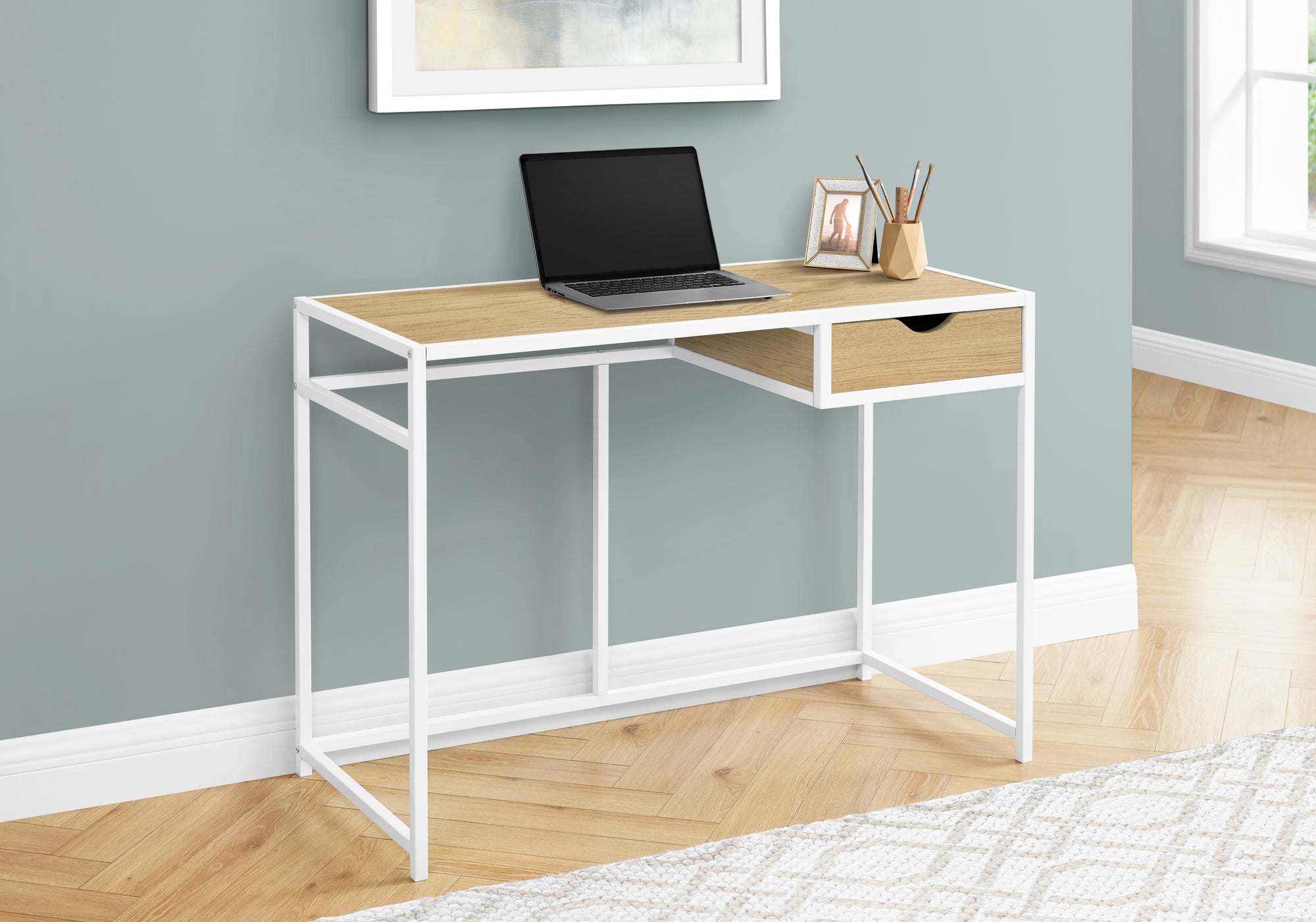 MN-977575    Computer Desk, Home Office, Laptop, Storage Drawers, 42"L, Metal, Laminate, Natural, White, Contemporary, Industrial, Modern