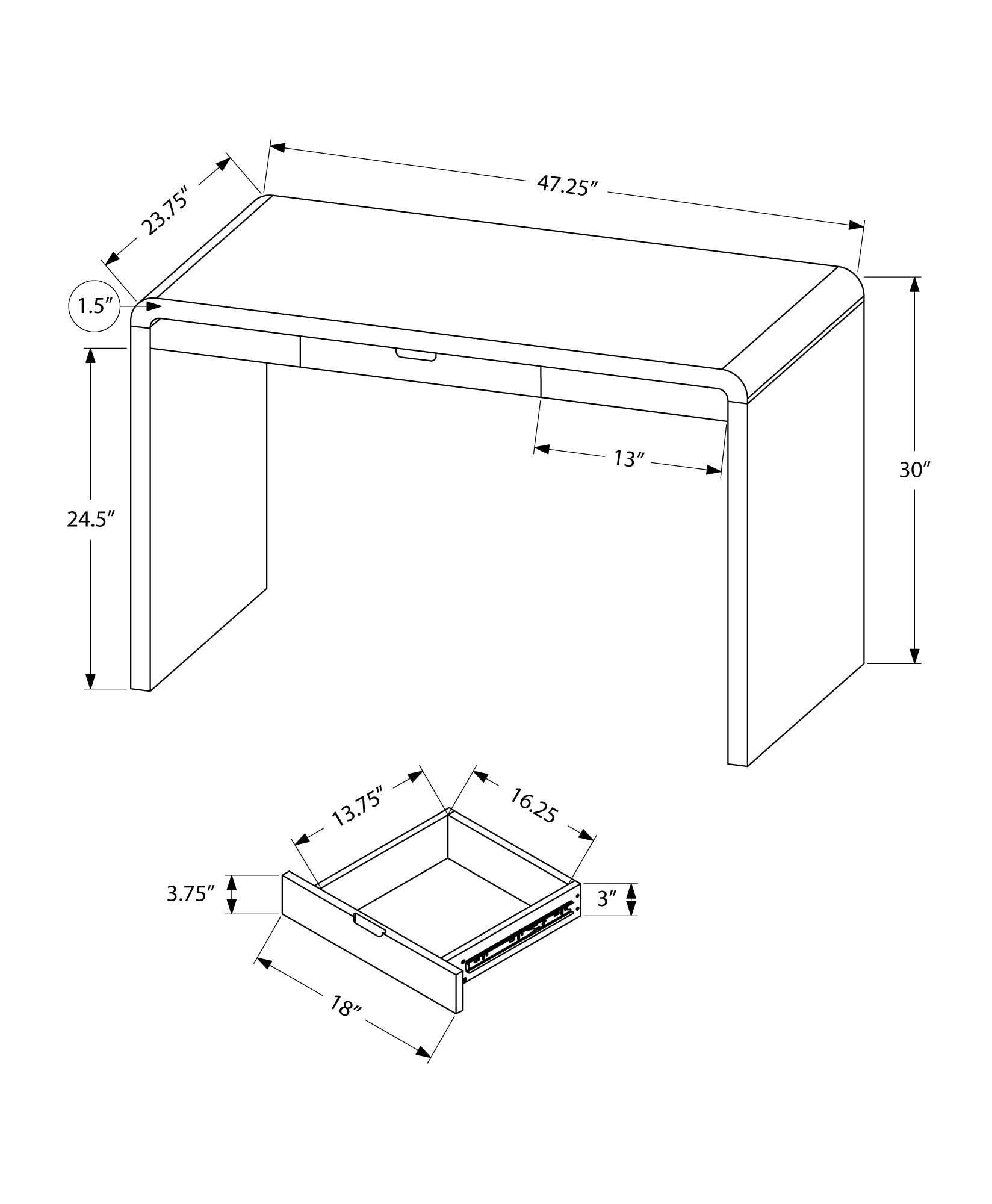 MN-987580    Computer Desk, Home Office, Laptop, Storage Drawers, 48"L, Metal, Laminate, Glossy White, Glam, Modern