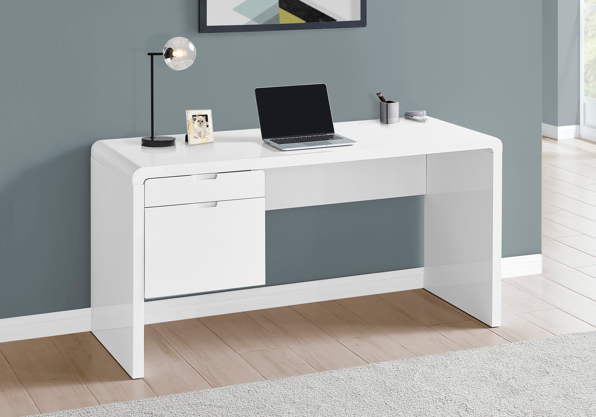 MN-997581    Computer Desk, Home Office, Laptop, Left, Right Set-Up, Storage Drawers, 60"L, Metal, Laminate, Glossy White, Glam, Modern