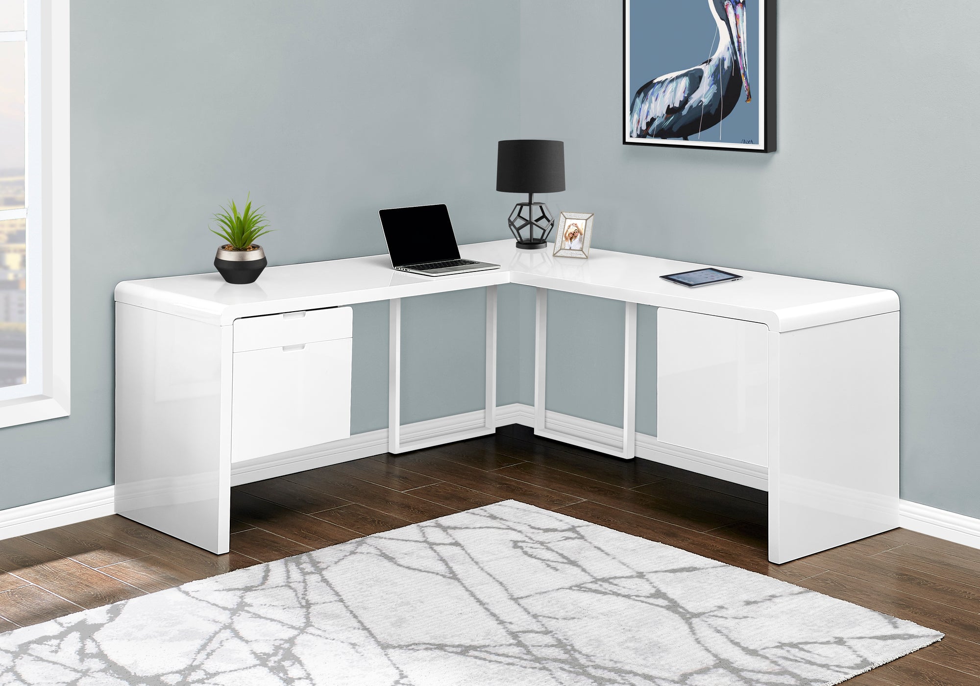 MN-107582    Computer Desk, Home Office, Corner, Left, Right Set-Up, Storage Drawers, 72"L, L Shape, Metal, Laminate, Glossy White, Glam, Modern