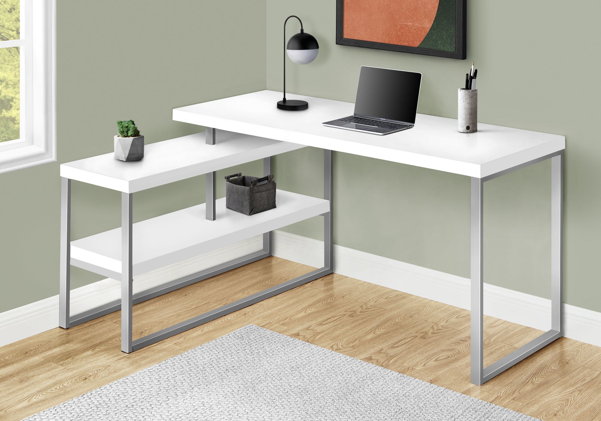 MN-127585    Computer Desk, Home Office, Corner, Left, Right Set-Up, Storage Shelves, 60"L, L Shape, Metal Legs, Laminate, White, Contemporary, Modern