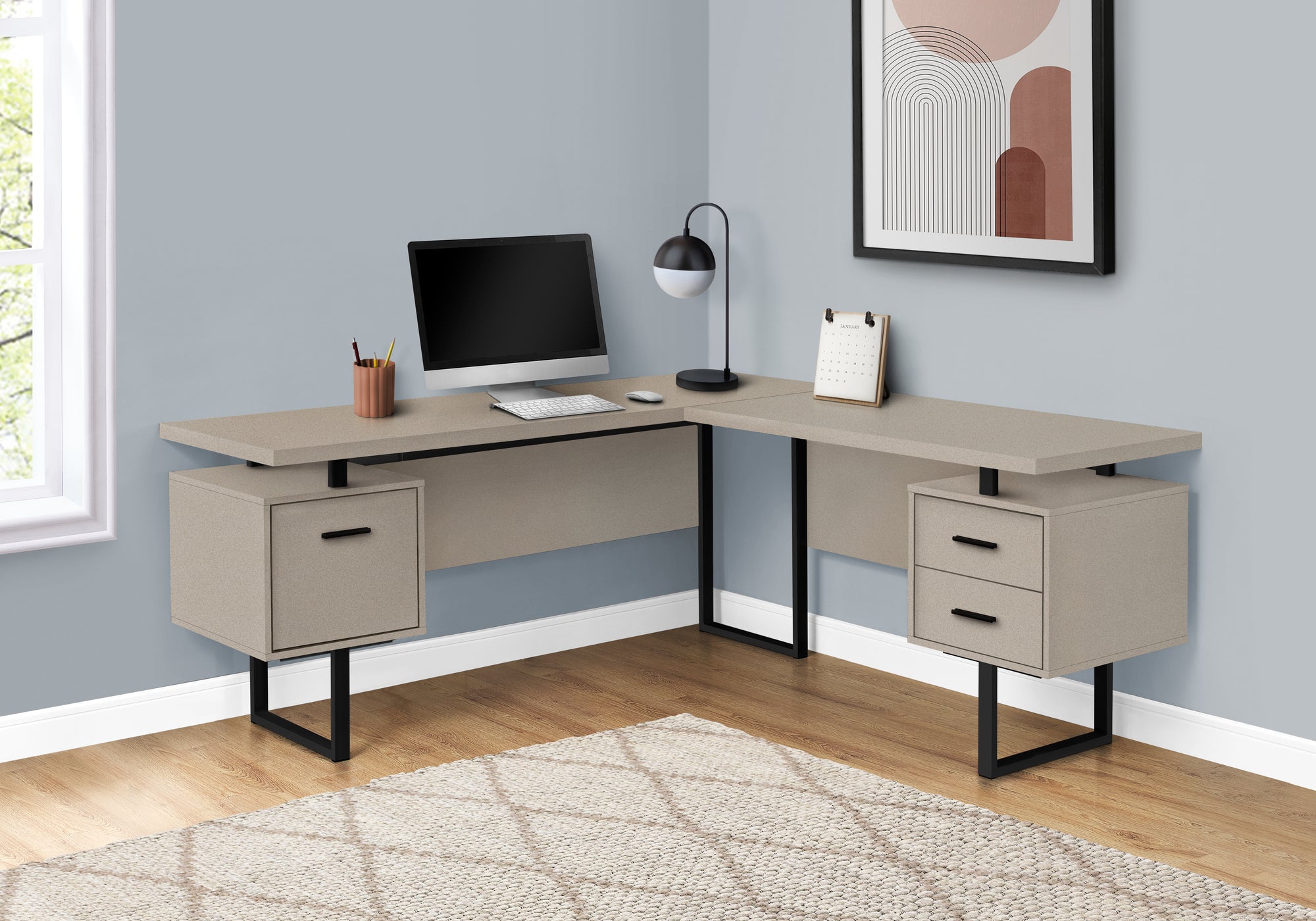 MN-307614    Computer Desk, Home Office, Corner, Left, Right Set-Up, Storage Drawers, 70"L, L Shape, Metal, Laminate, Taupe, Black, Contemporary, Modern