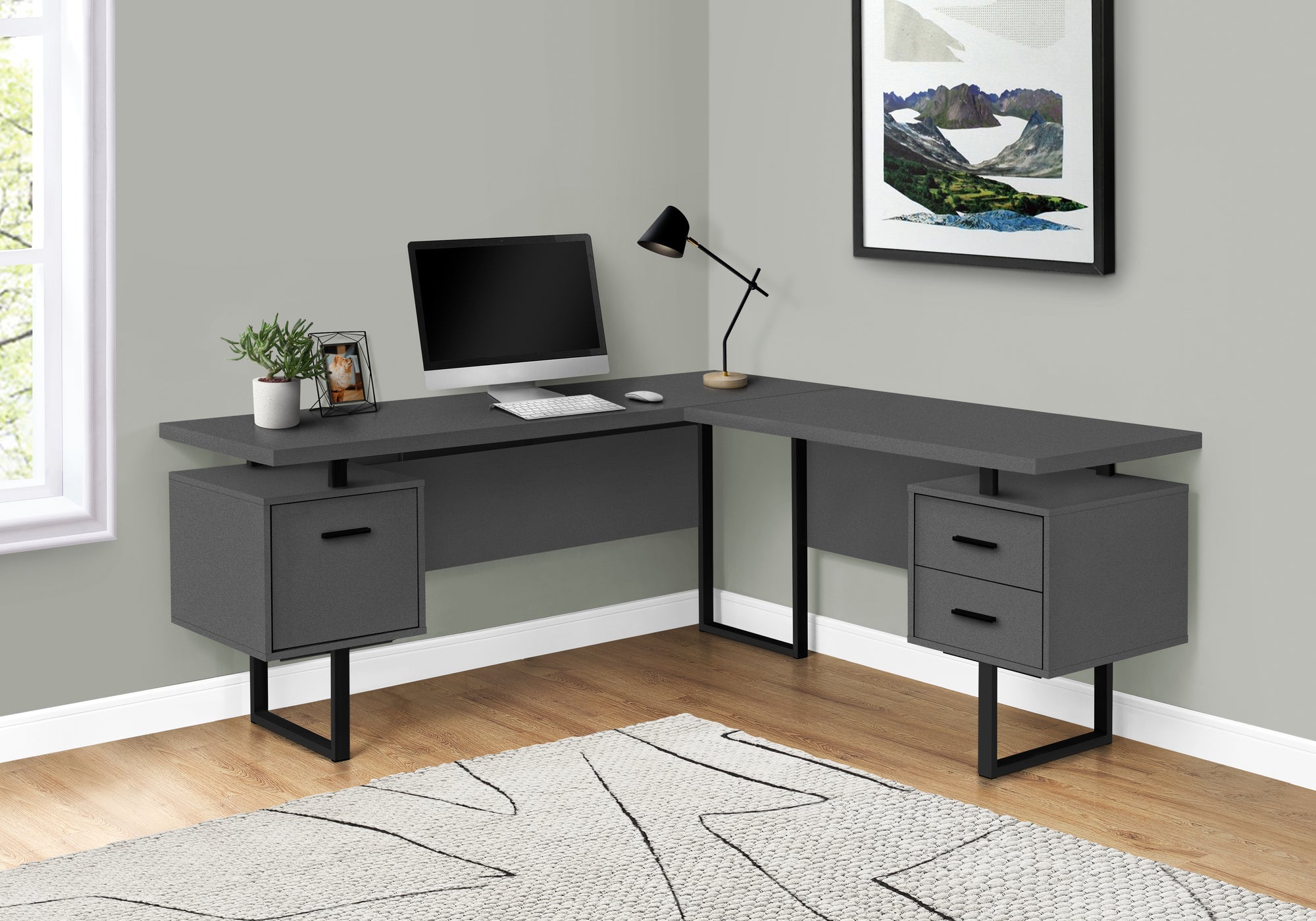 MN-317615    Computer Desk, Home Office, Corner, Left, Right Set-Up, Storage Drawers, 70"L, L Shape, Metal, Laminate, Grey, Contemporary, Modern