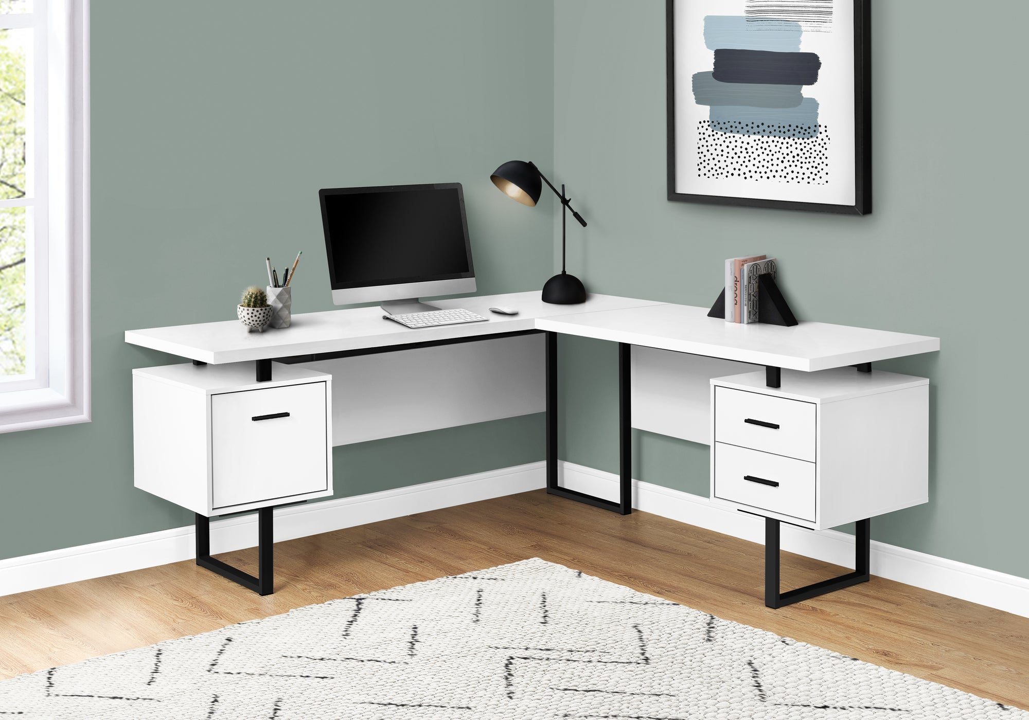 MN-327616    Computer Desk, Home Office, Corner, Left, Right Set-Up, Storage Drawers, 70"L, L Shape, Metal, Laminate, White, Black, Contemporary, Modern