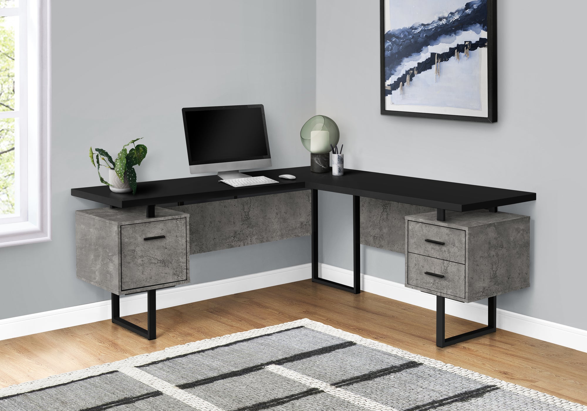 MN-337617    Computer Desk, Home Office, Corner, Left, Right Set-Up, Storage Drawers, 70"L, L Shape, Metal, Laminate, Grey Concrete, Black, Contemporary, Modern