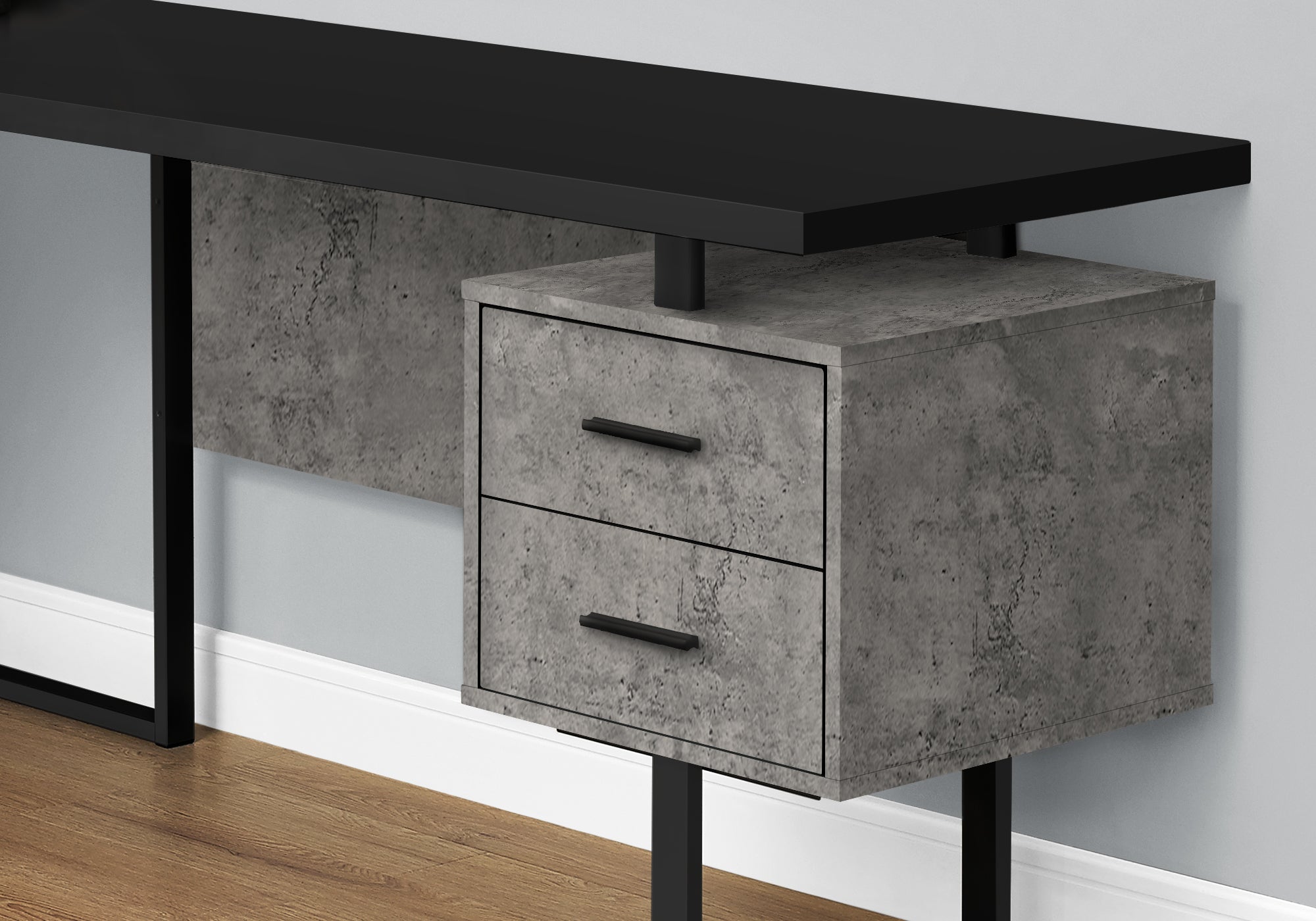 MN-337617    Computer Desk, Home Office, Corner, Left, Right Set-Up, Storage Drawers, 70"L, L Shape, Metal, Laminate, Grey Concrete, Black, Contemporary, Modern