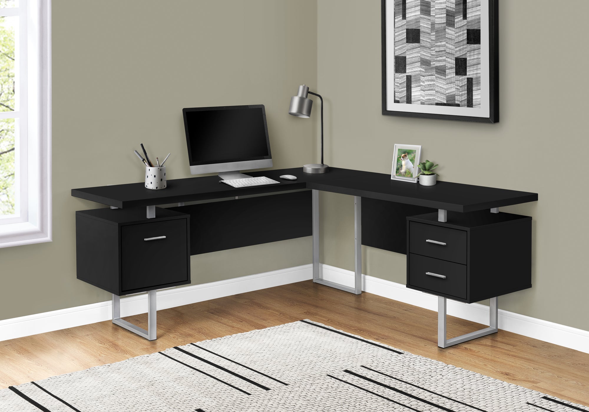 MN-357619    Computer Desk, Home Office, Corner, Left, Right Set-Up, Storage Drawers, 70"L, L Shape, Metal, Laminate, Black, Silver, Contemporary, Modern