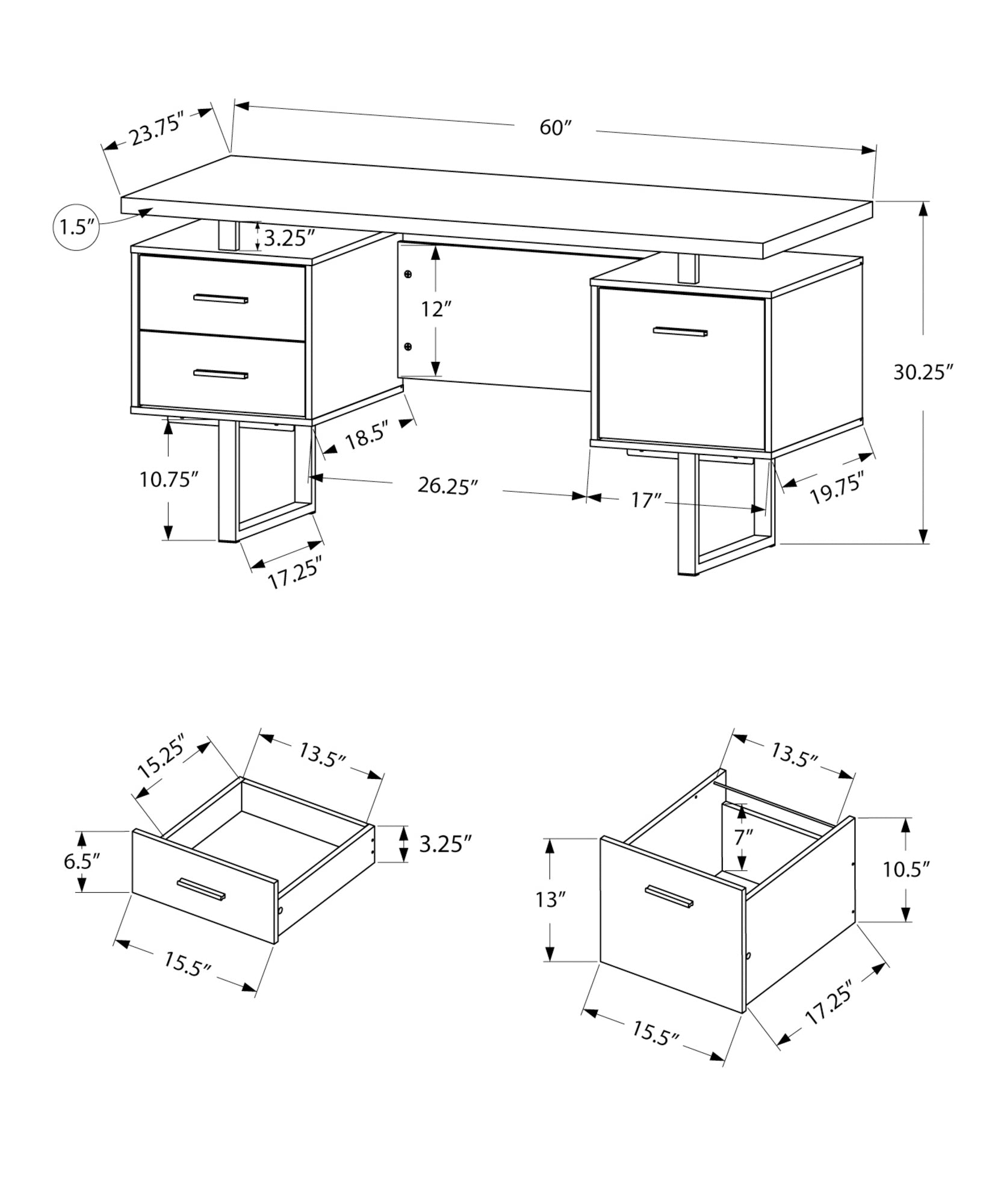 MN-387627    Computer Desk, Home Office, Laptop, Left, Right Set-Up, Storage Drawers, 60"L, Metal, Laminate, Light Reclaimed Wood, Black, Contemporary, Modern
