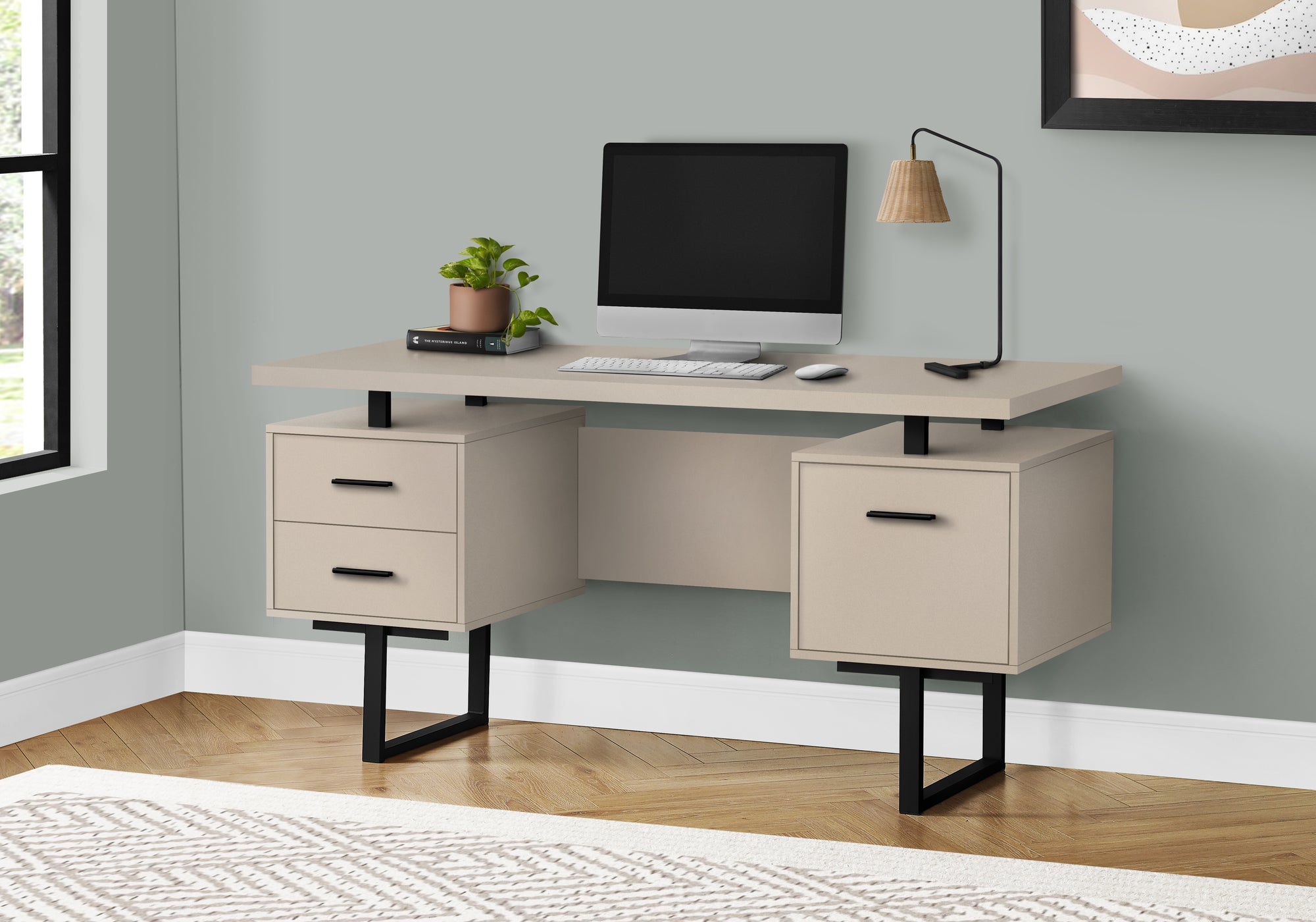 MN-407629    Computer Desk, Home Office, Laptop, Left, Right Set-Up, Storage Drawers, 60"L, Metal, Laminate, Taupe, Black, Contemporary, Modern