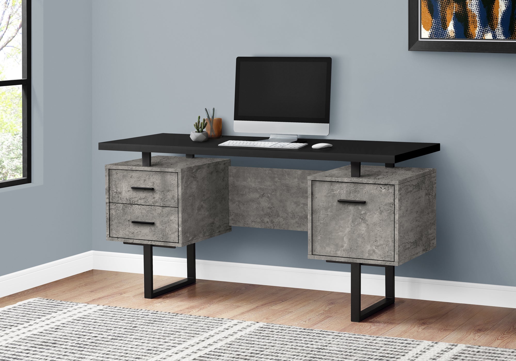 MN-437632    Computer Desk, Home Office, Laptop, Left, Right Set-Up, Storage Drawers, 60"L, Metal, Laminate, Grey Concrete, Black, Contemporary, Modern