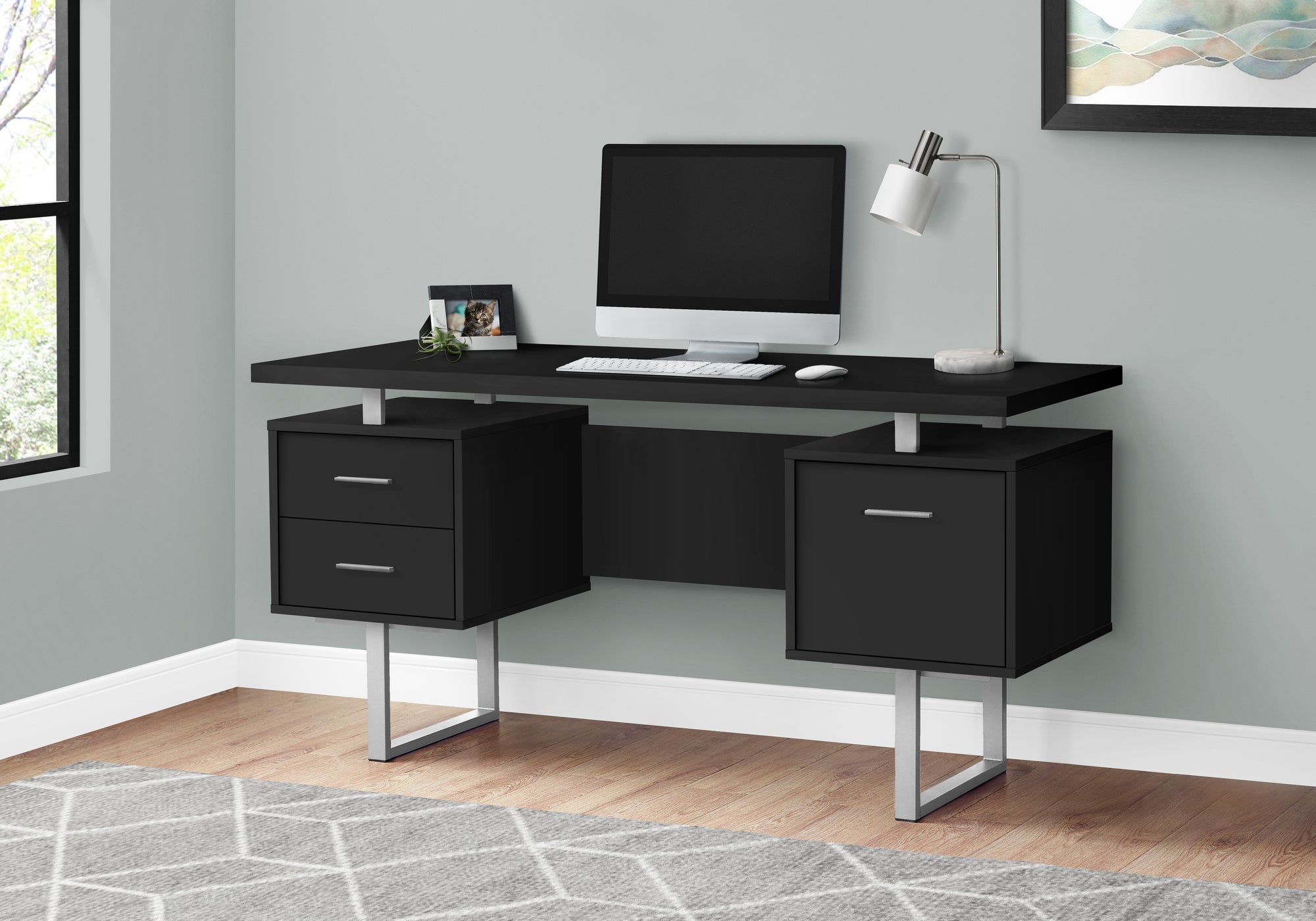 MN-457634    Computer Desk, Home Office, Laptop, Left, Right Set-Up, Storage Drawers, 60"L, Metal, Laminate, Black, Silver, Contemporary, Modern