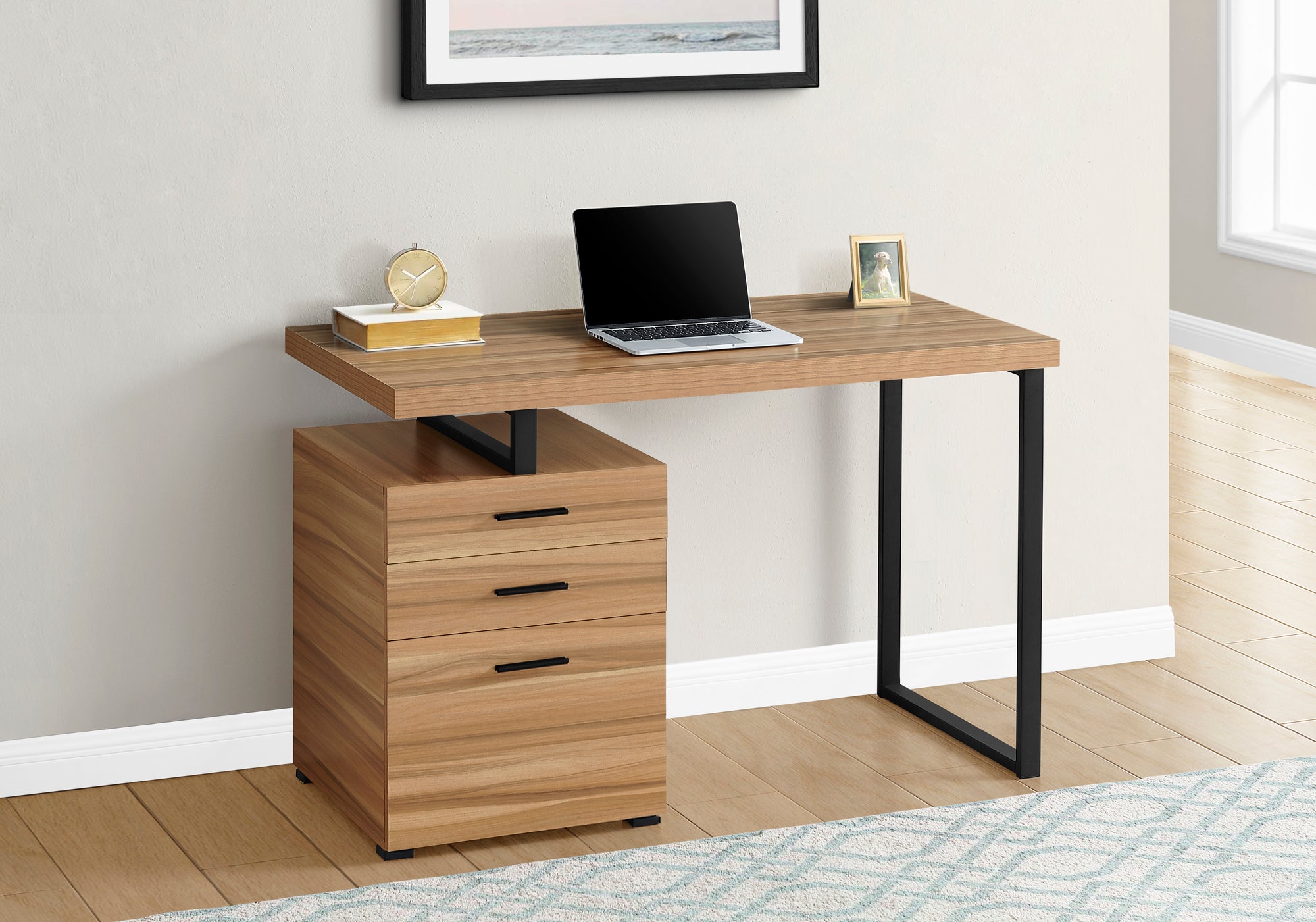 MN-487642    Computer Desk, Home Office, Laptop, Left, Right Set-Up, Storage Drawers, 48"L, Metal, Laminate, Light Reclaimed Wood, Black, Contemporary, Modern