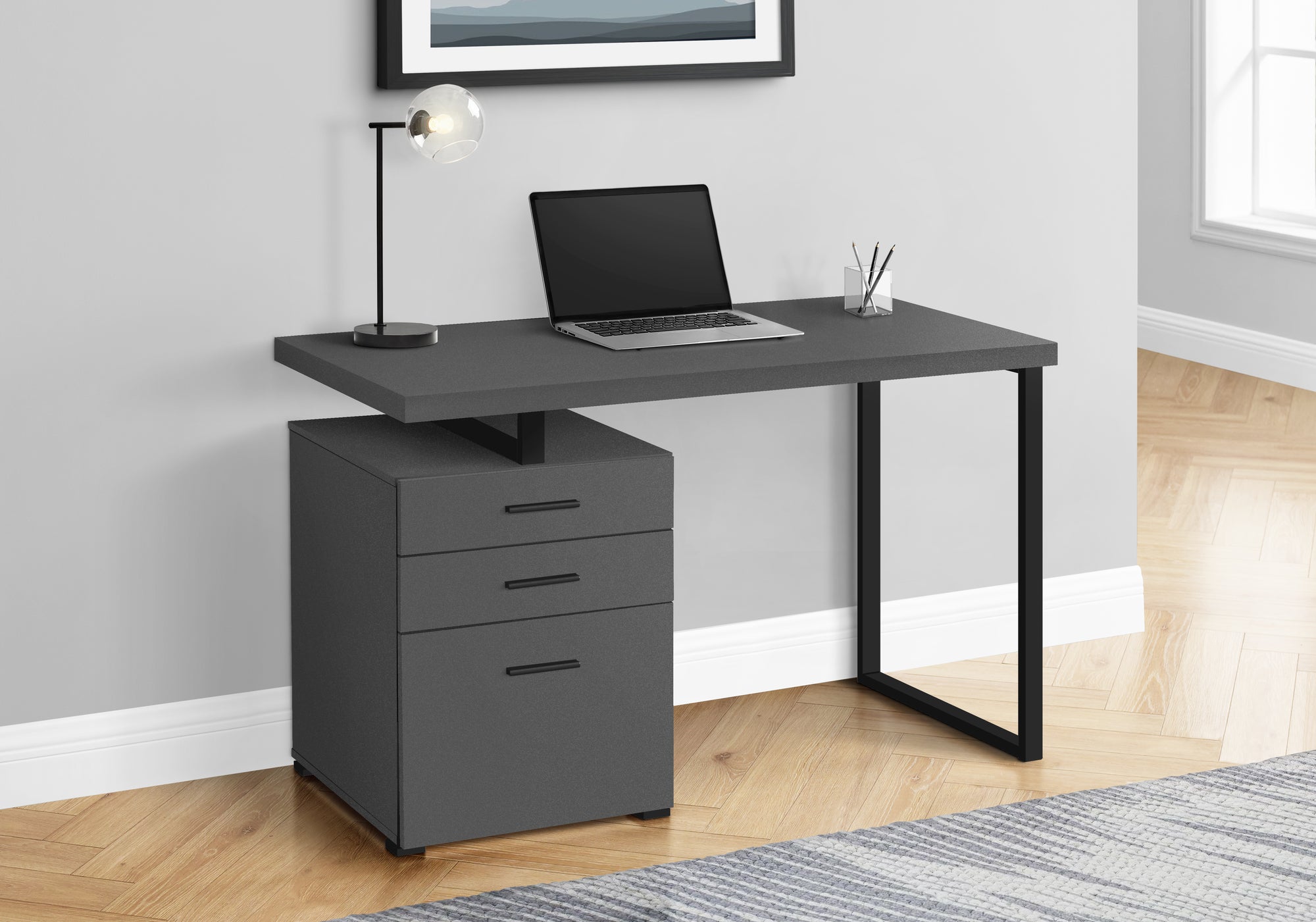 MN-517645    Computer Desk, Home Office, Laptop, Left, Right Set-Up, Storage Drawers, 48"L, Metal, Laminate, Grey, Black, Contemporary, Modern