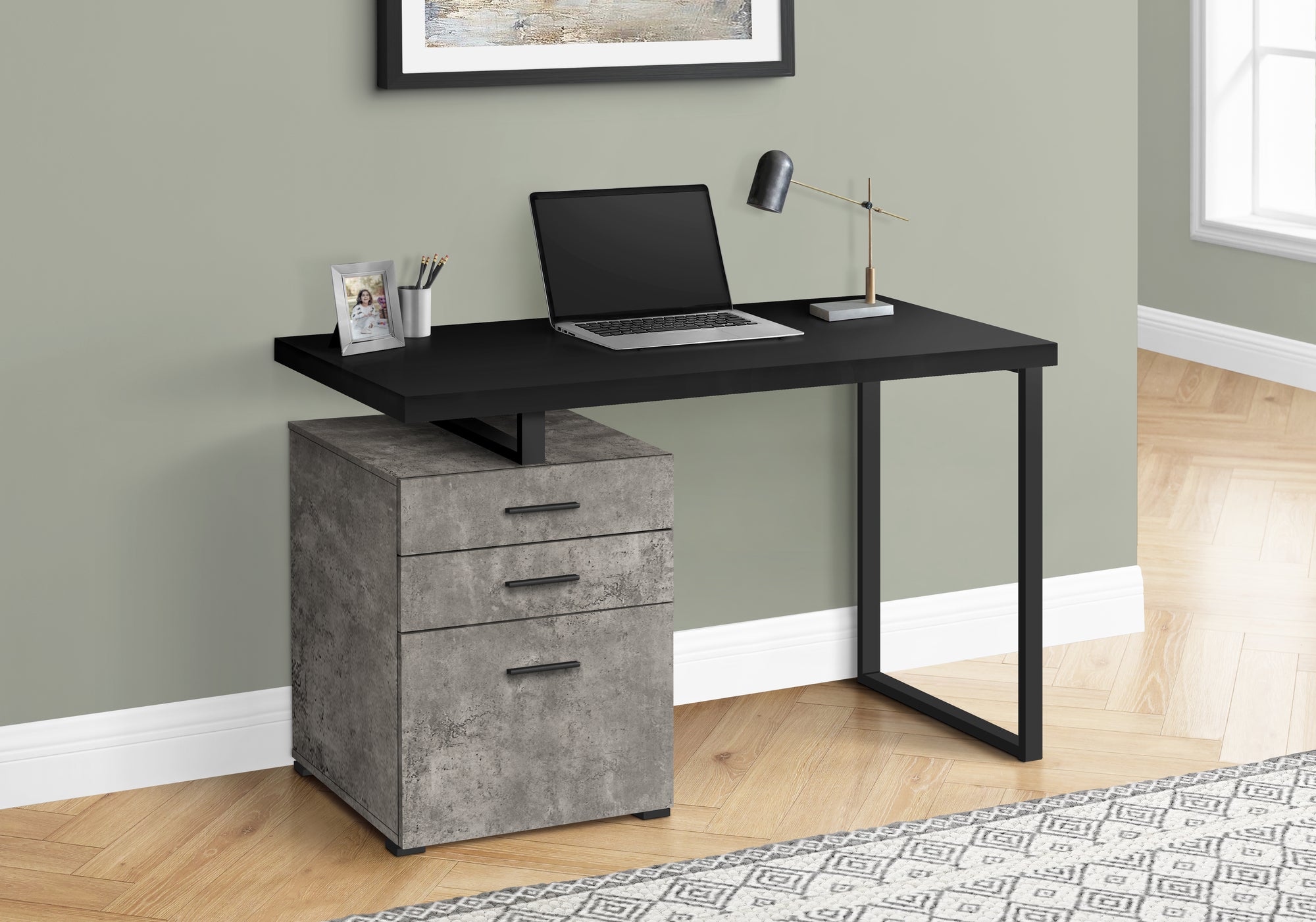 MN-537647    Computer Desk, Home Office, Laptop, Left, Right Set-Up, Storage Drawers, 48"L, Metal, Laminate, Grey Concrete, Black, Contemporary, Modern