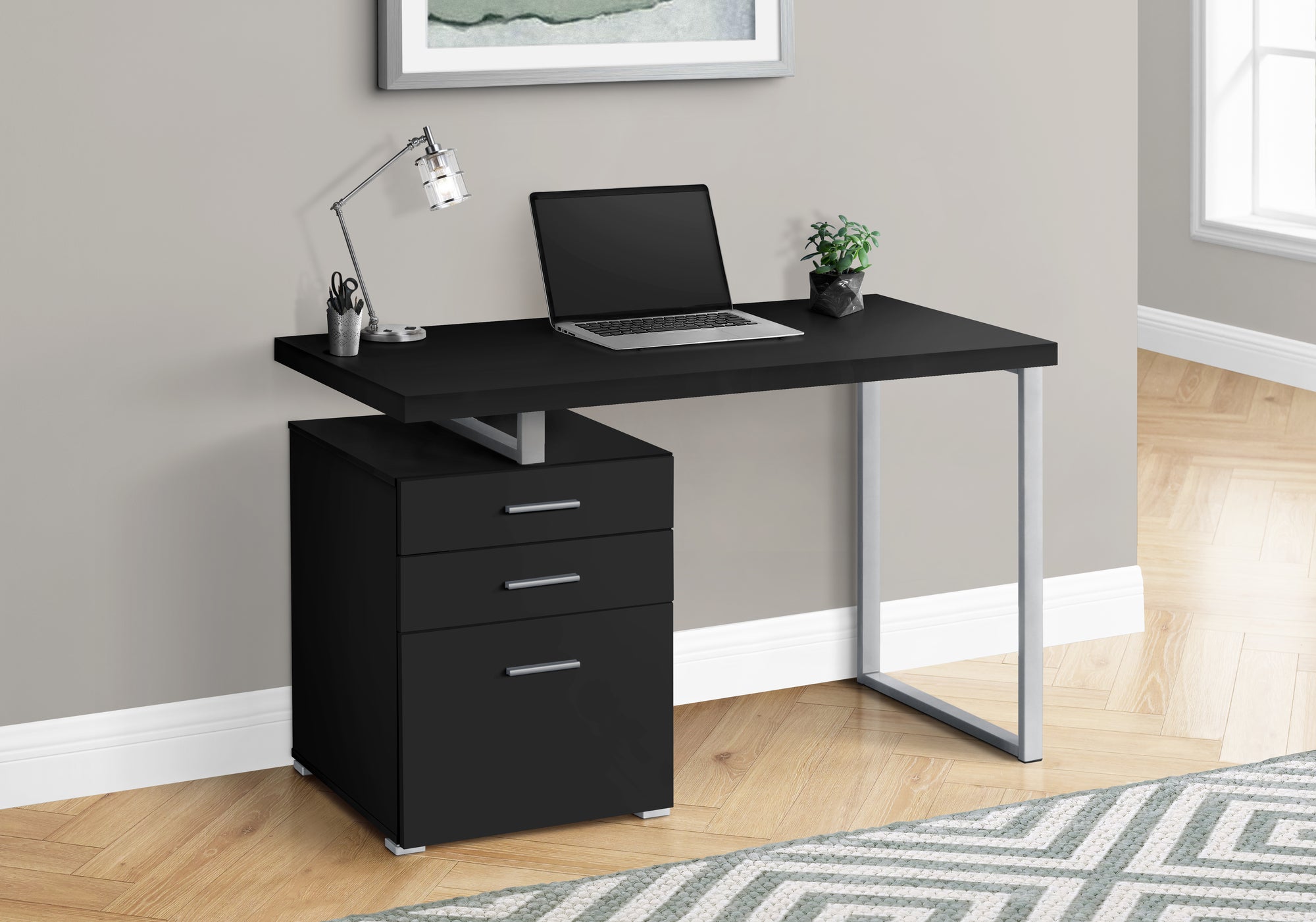 MN-557649    Computer Desk, Home Office, Laptop, Left, Right Set-Up, Storage Drawers, 48"L, Metal, Laminate, Black, Silver, Contemporary, Modern