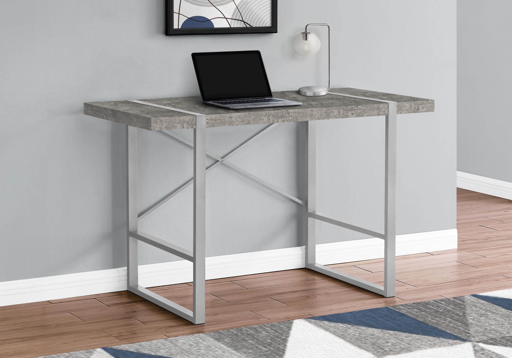 MN-637662    Computer Desk, Home Office, Laptop, 48"L, Metal, Laminate, Grey Concrete, Silver, Contemporary, Modern