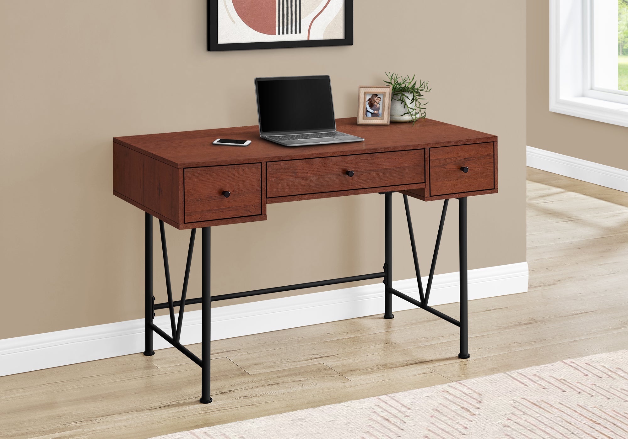 MN-677671    Computer Desk, Home Office, Laptop, Storage Drawers, 48"L, Metal Legs, Laminate, Cherry, Contemporary, Industrial, Modern
