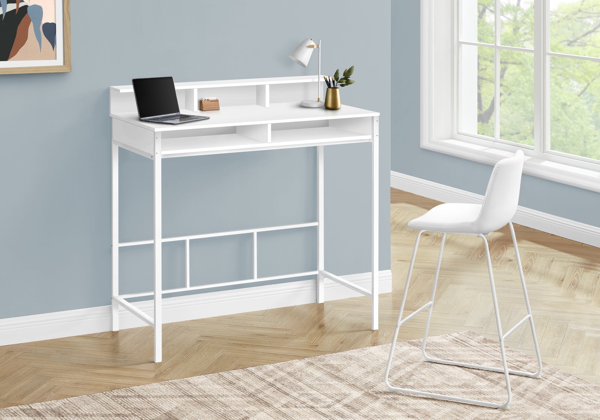 MN-847701    Computer Desk, Home Office, Standing, Storage Shelves, 48"L, Metal Legs, Laminate, White, Contemporary, Industrial, Modern